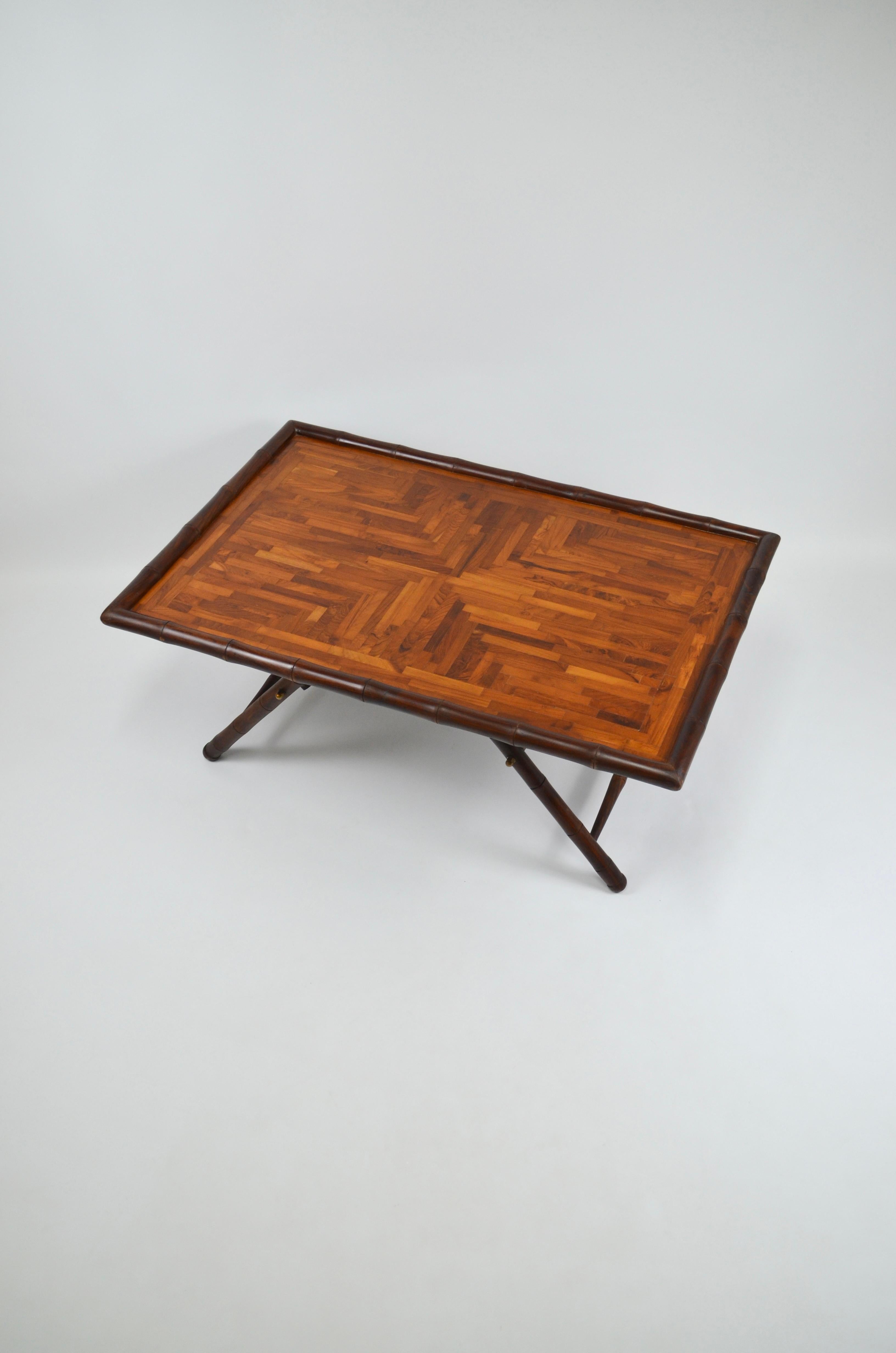 Inlaid Coffee Table with Faux Bamboo Frame, 1970s 5