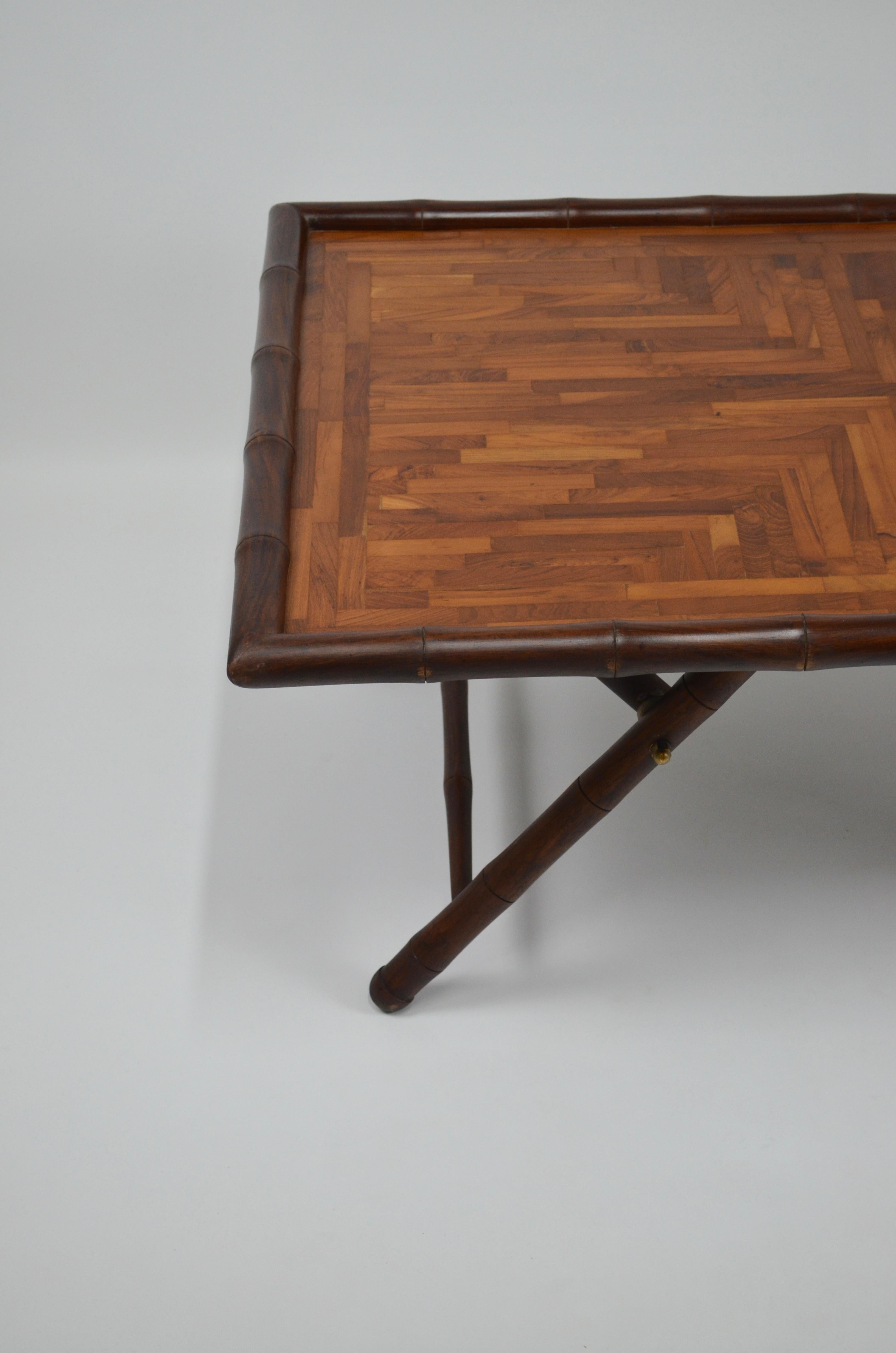 Chippendale Inlaid Coffee Table with Faux Bamboo Frame, 1970s
