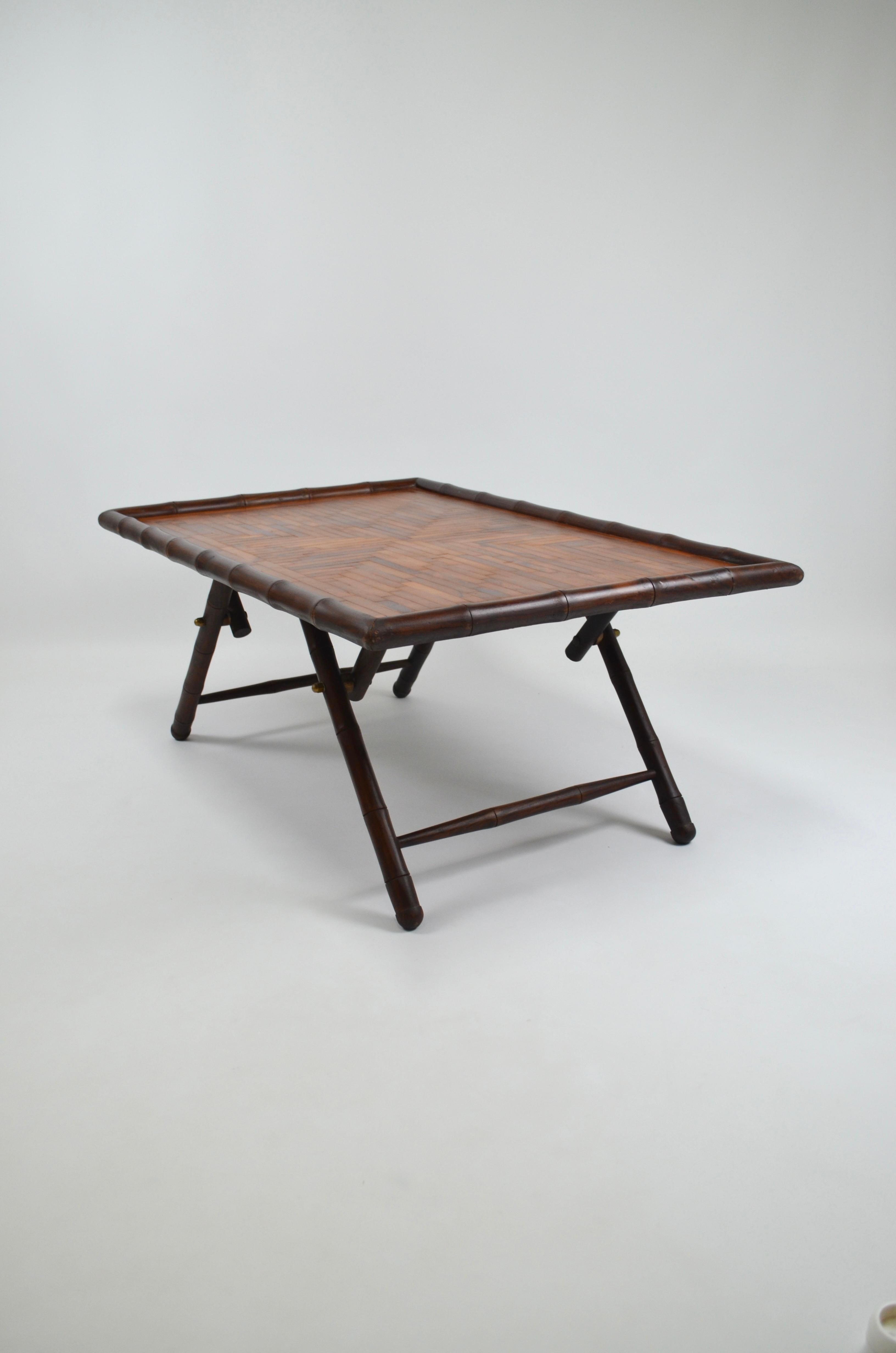 French Inlaid Coffee Table with Faux Bamboo Frame, 1970s