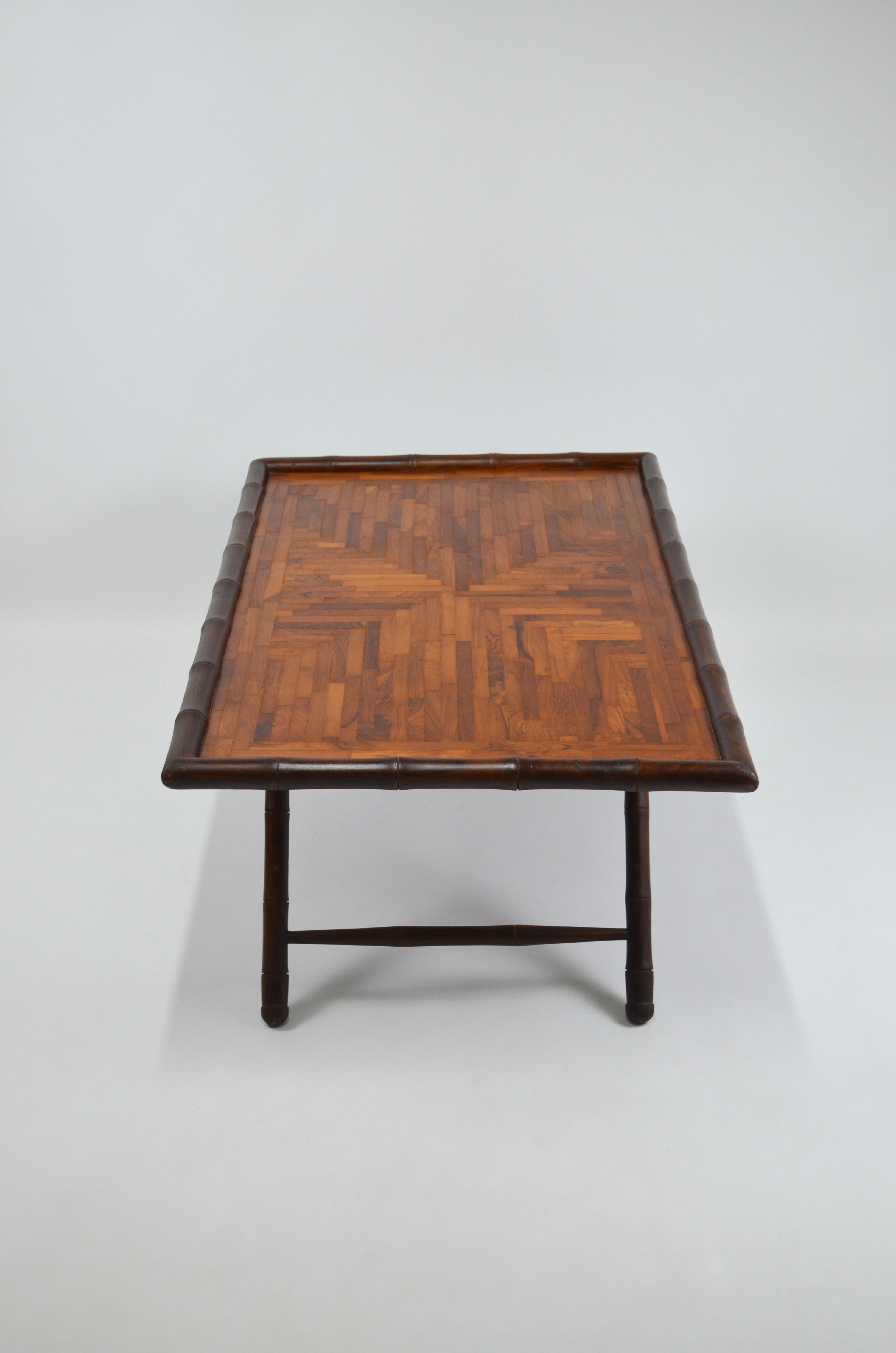 Late 20th Century Inlaid Coffee Table with Faux Bamboo Frame, 1970s