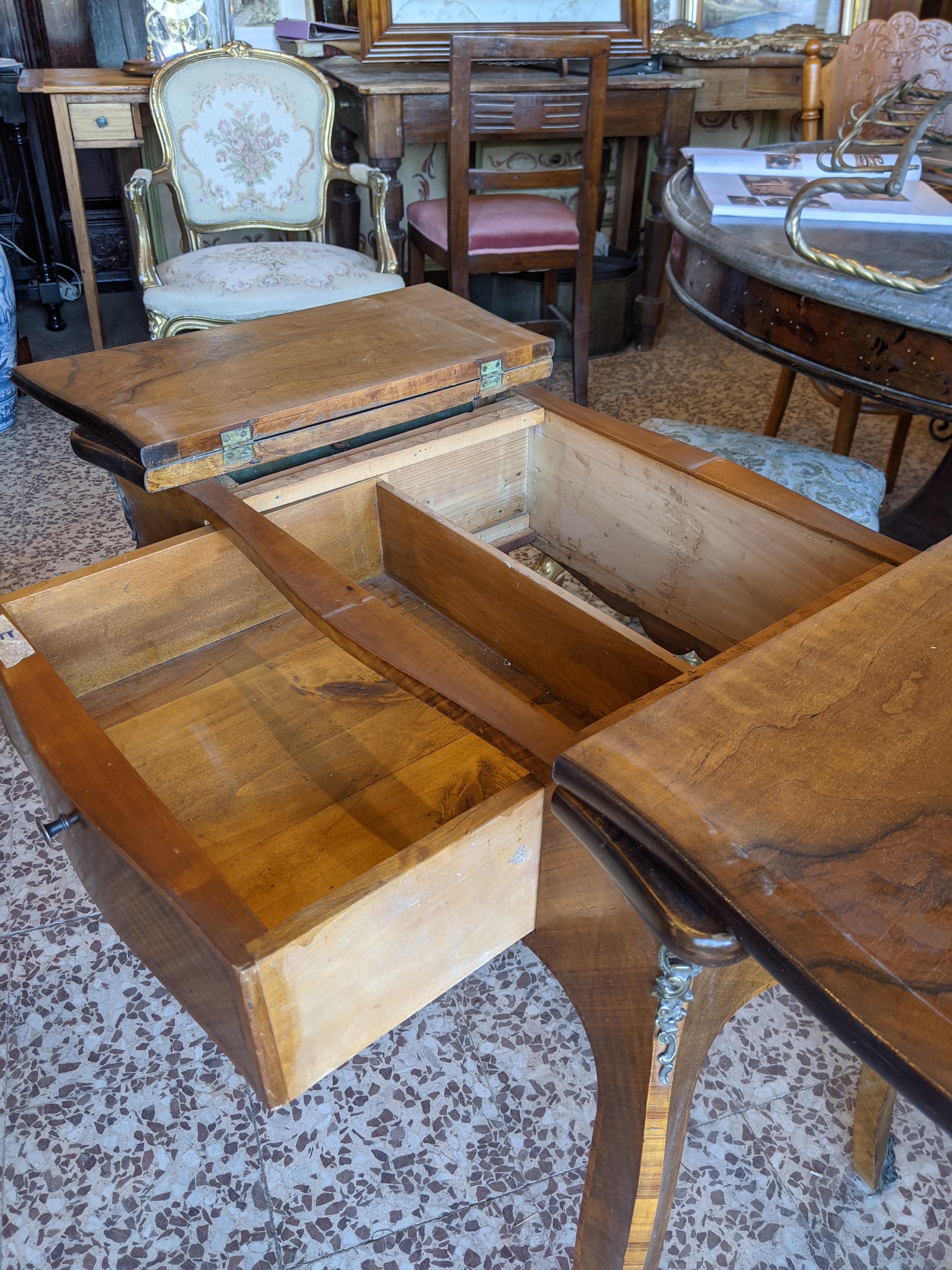 Italian Inlaid Coffee Table with Opening, Solid Walnut, Walnut Burl and Bois De Rose For Sale