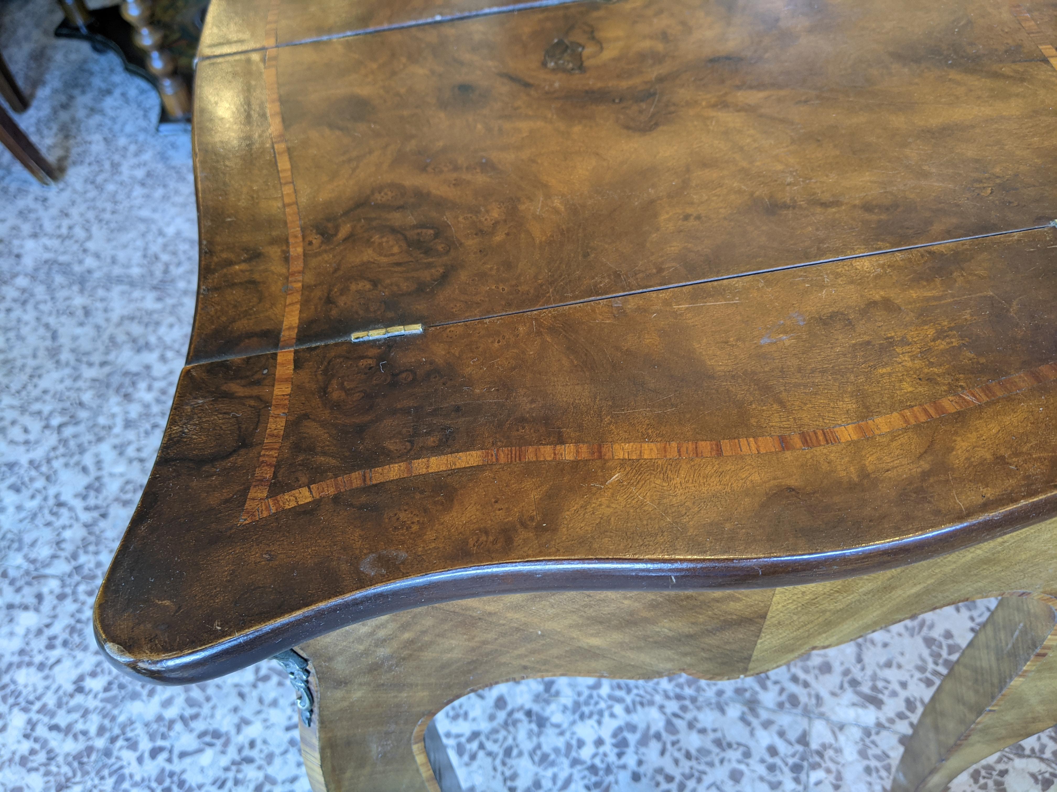 19th Century Inlaid Coffee Table with Opening, Solid Walnut, Walnut Burl and Bois De Rose For Sale