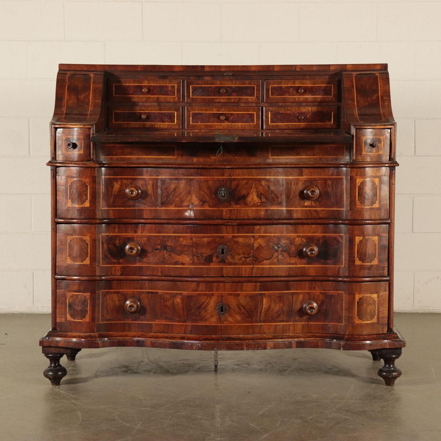 Other Inlaid Drop-Leaf Secretaire Fir Walnut Slab Veneer, Italy, 18th Century For Sale