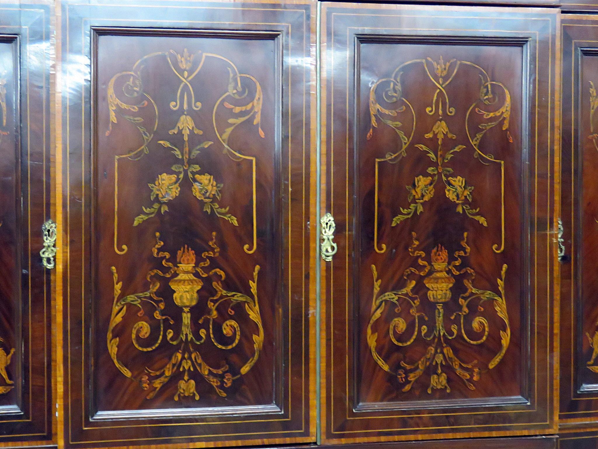 English RJ Horner Inlaid Mahogany Satinwood Edwardian Breakfront Bookcase Bibliotheque