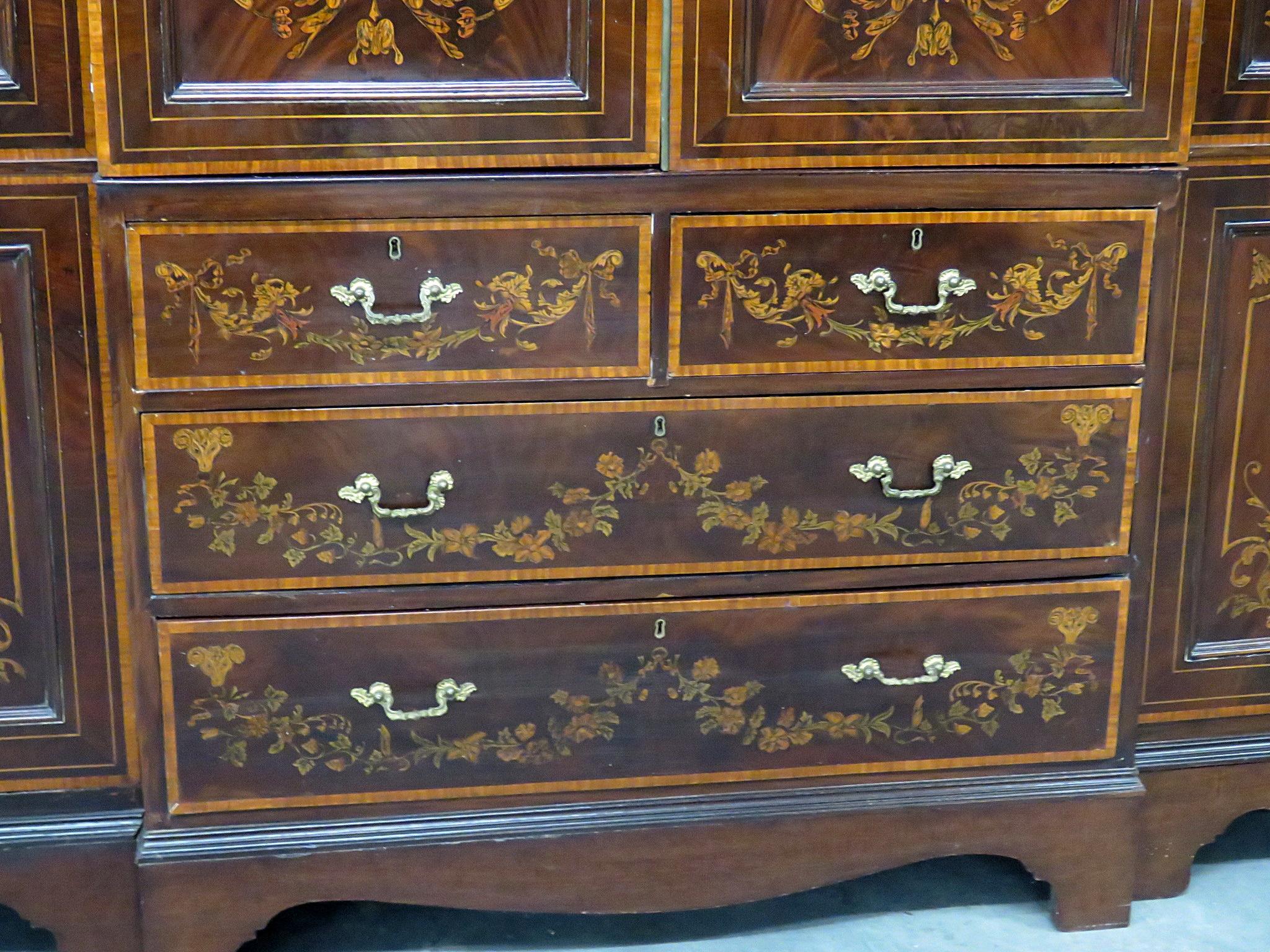 RJ Horner Inlaid Mahogany Satinwood Edwardian Breakfront Bookcase Bibliotheque In Good Condition In Swedesboro, NJ