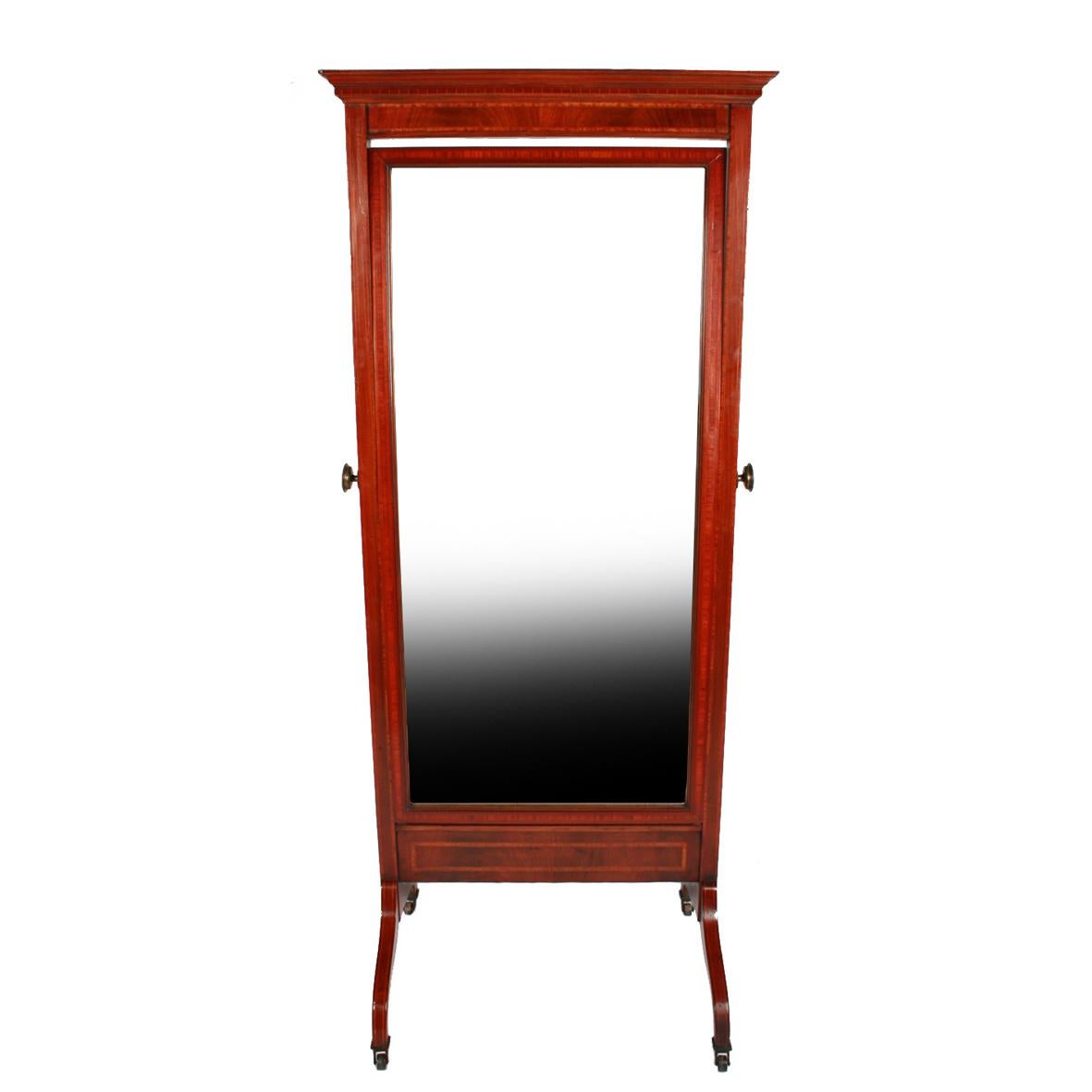 Sheraton style
 Free standing
 Movable

 

 An early 20th century Edwardian mahogany cheval mirror.

The mirror has a broad satinwood with box wood and ebony line inlay made in a Sheraton style. The bevelled glass mirror and frame is held