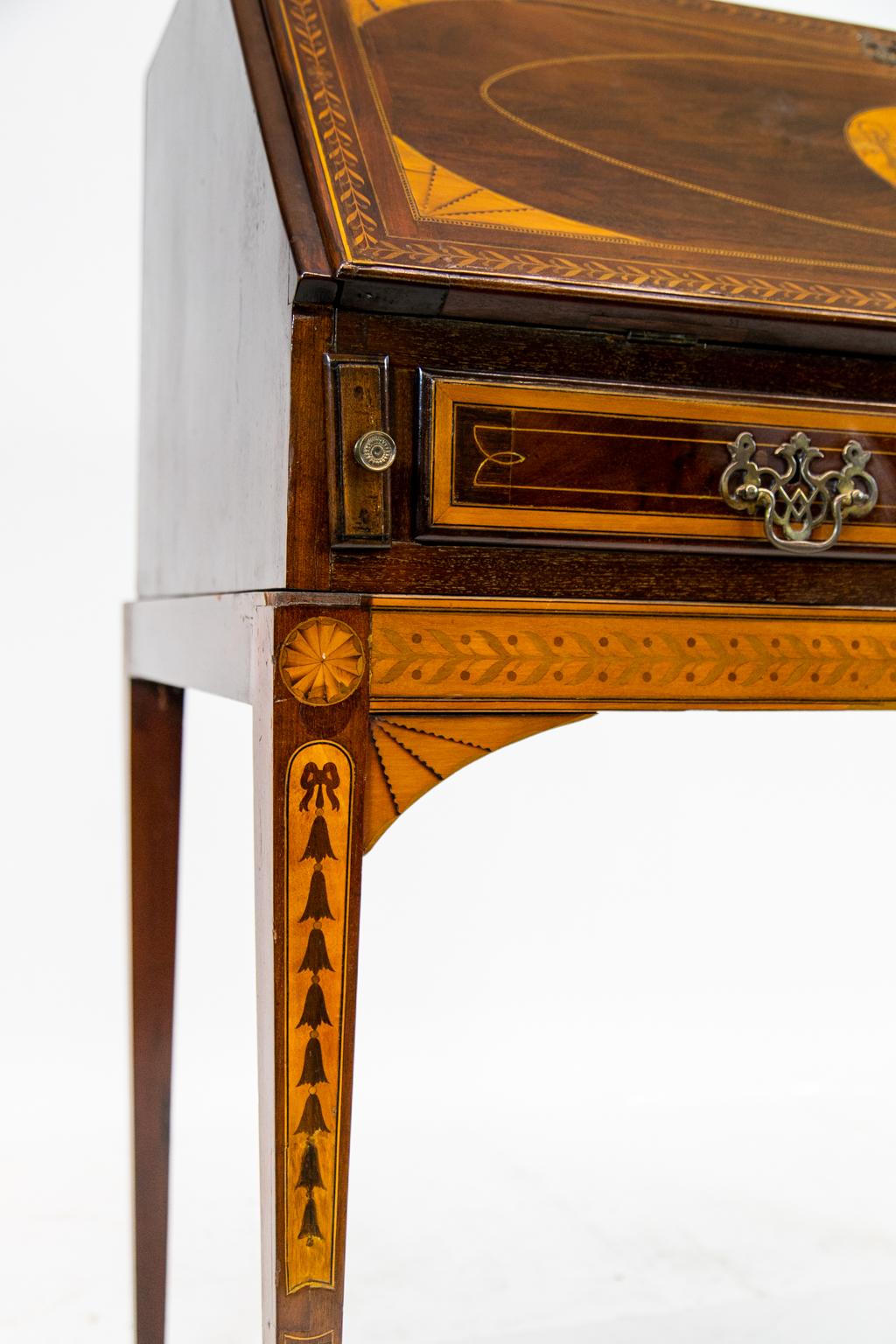 Inlaid English Mahogany Hepplewhite Slant Front Desk on Legs For Sale 2