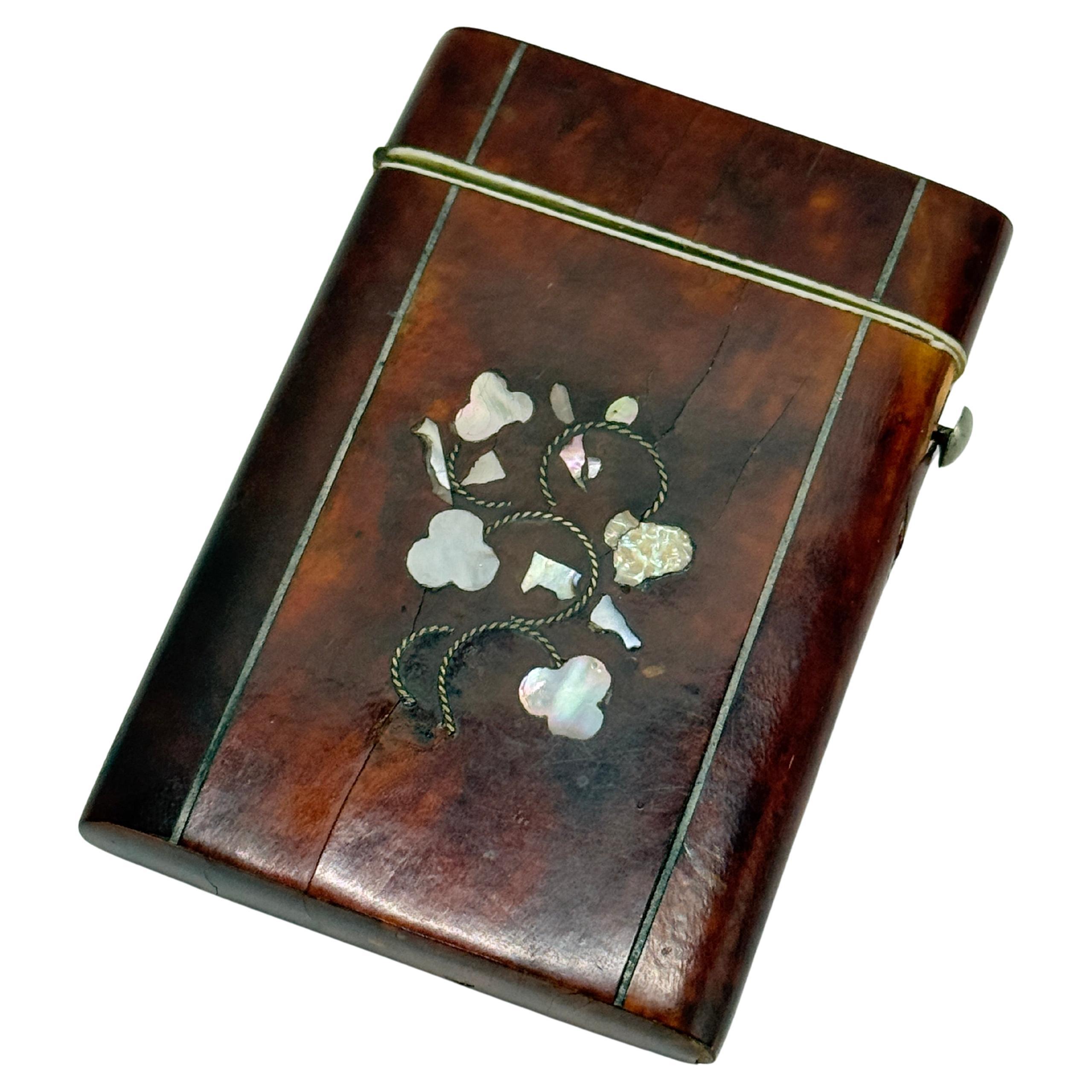 Inlaid Faux Tortoiseshell And Mother-Of-Pearl Card Case With Floral Motif