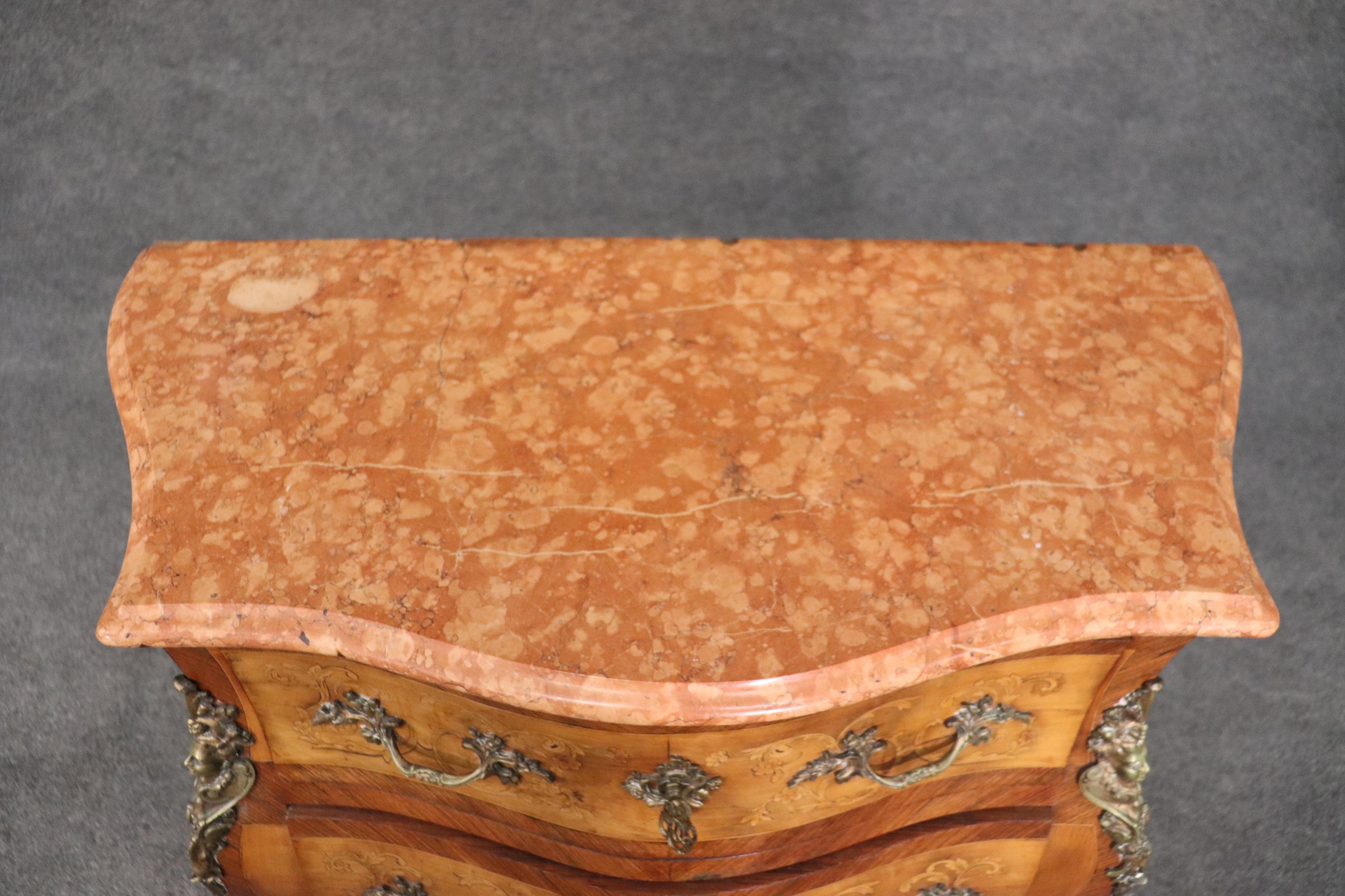 Inlaid Figural Bronze Mounted Burled Walnut French Louis XV Marble Top Commode For Sale 7