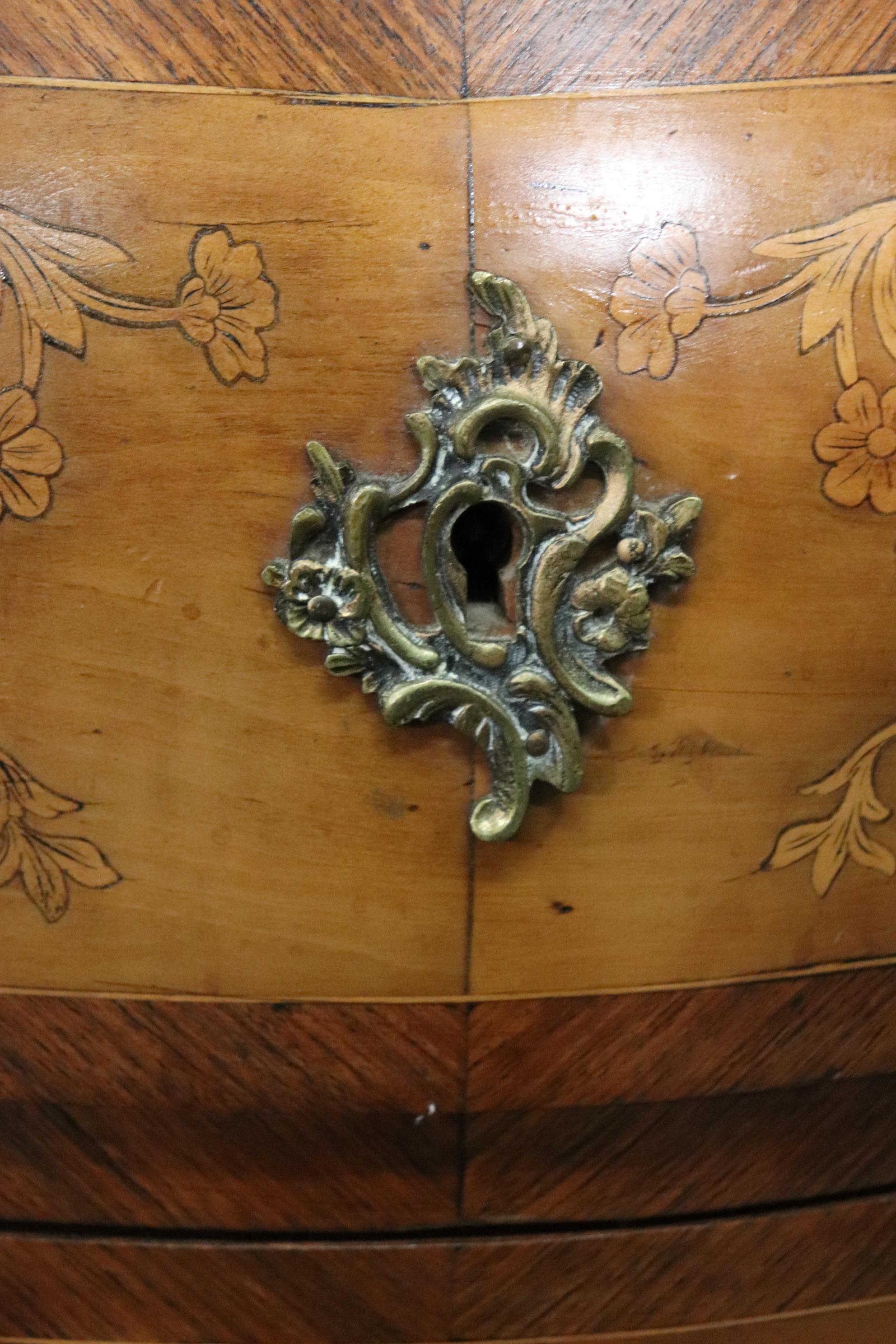 Inlaid Figural Bronze Mounted Burled Walnut French Louis XV Marble Top Commode For Sale 10