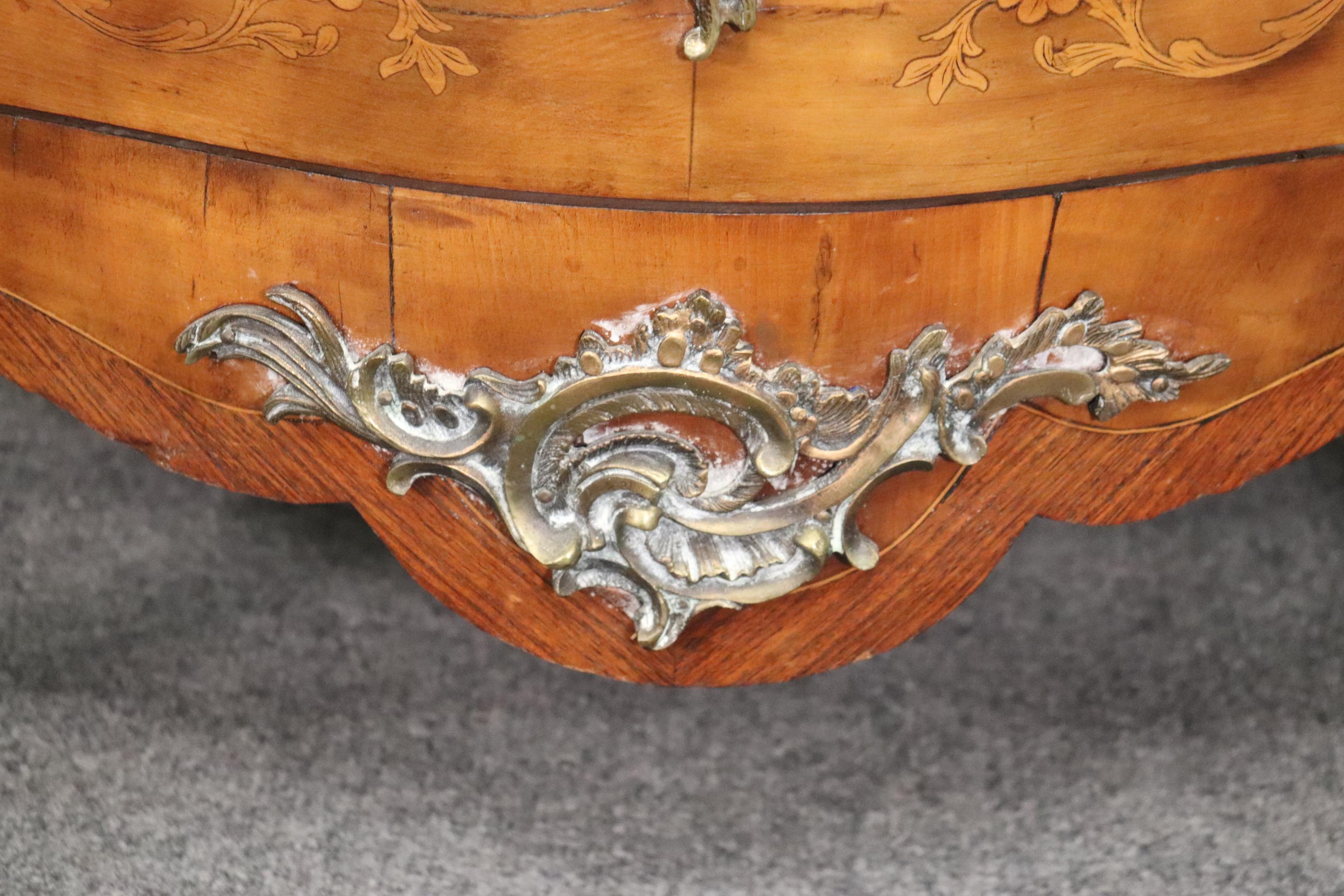 Inlaid Figural Bronze Mounted Burled Walnut French Louis XV Marble Top Commode For Sale 14