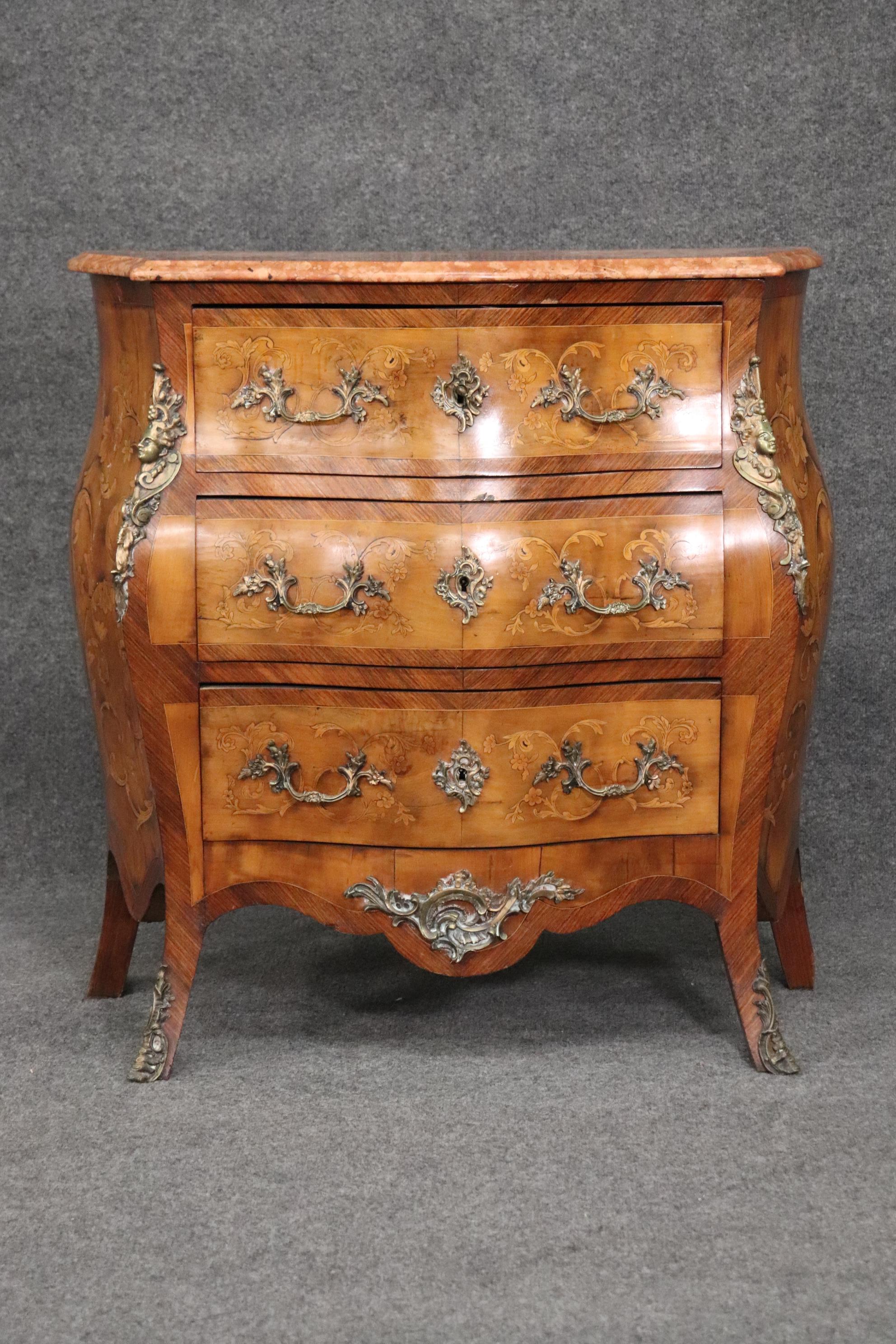 Inlaid Figural Bronze Mounted Burled Walnut French Louis XV Marble Top Commode In Good Condition For Sale In Swedesboro, NJ