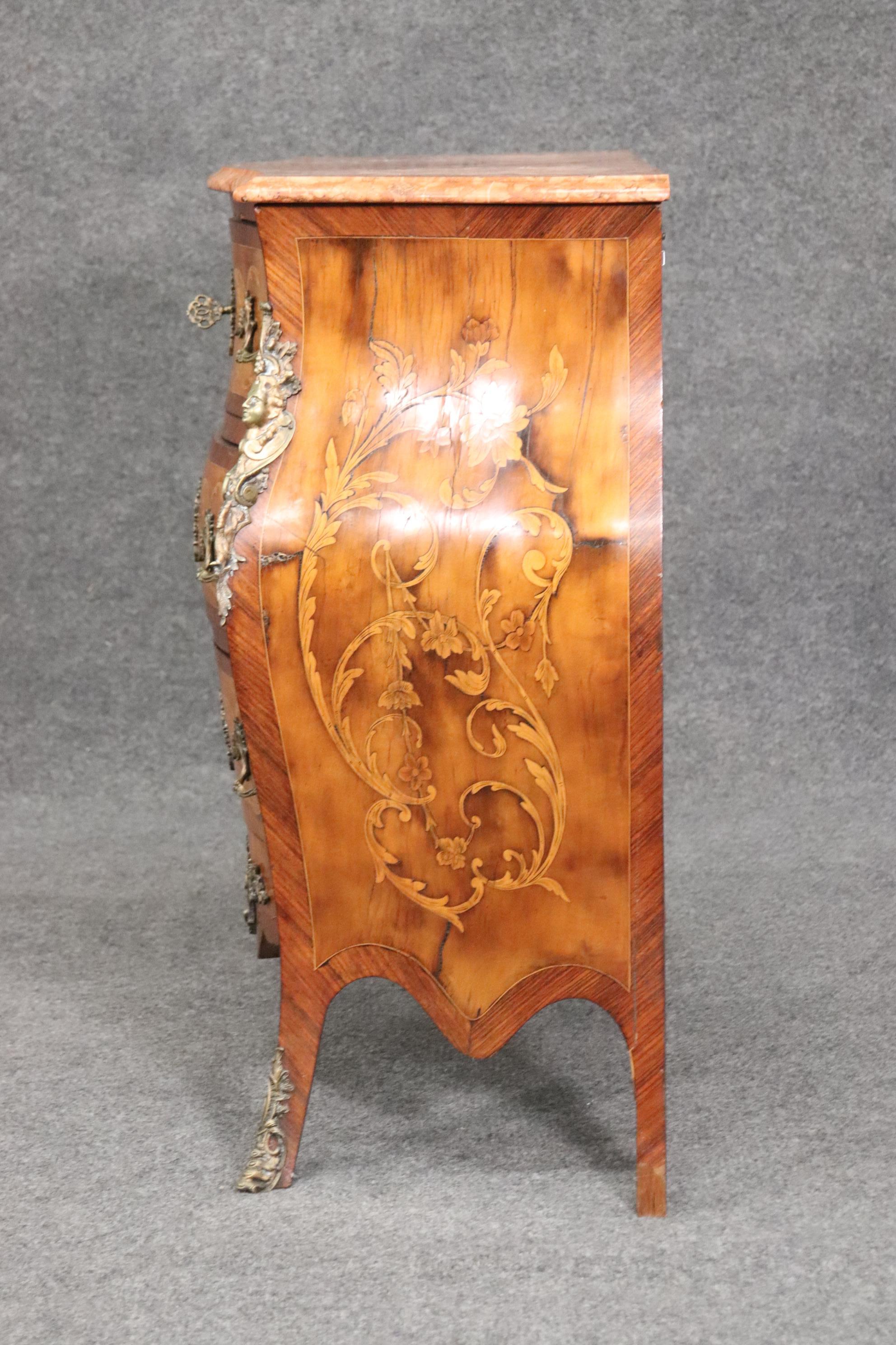 Inlaid Figural Bronze Mounted Burled Walnut French Louis XV Marble Top Commode For Sale 2