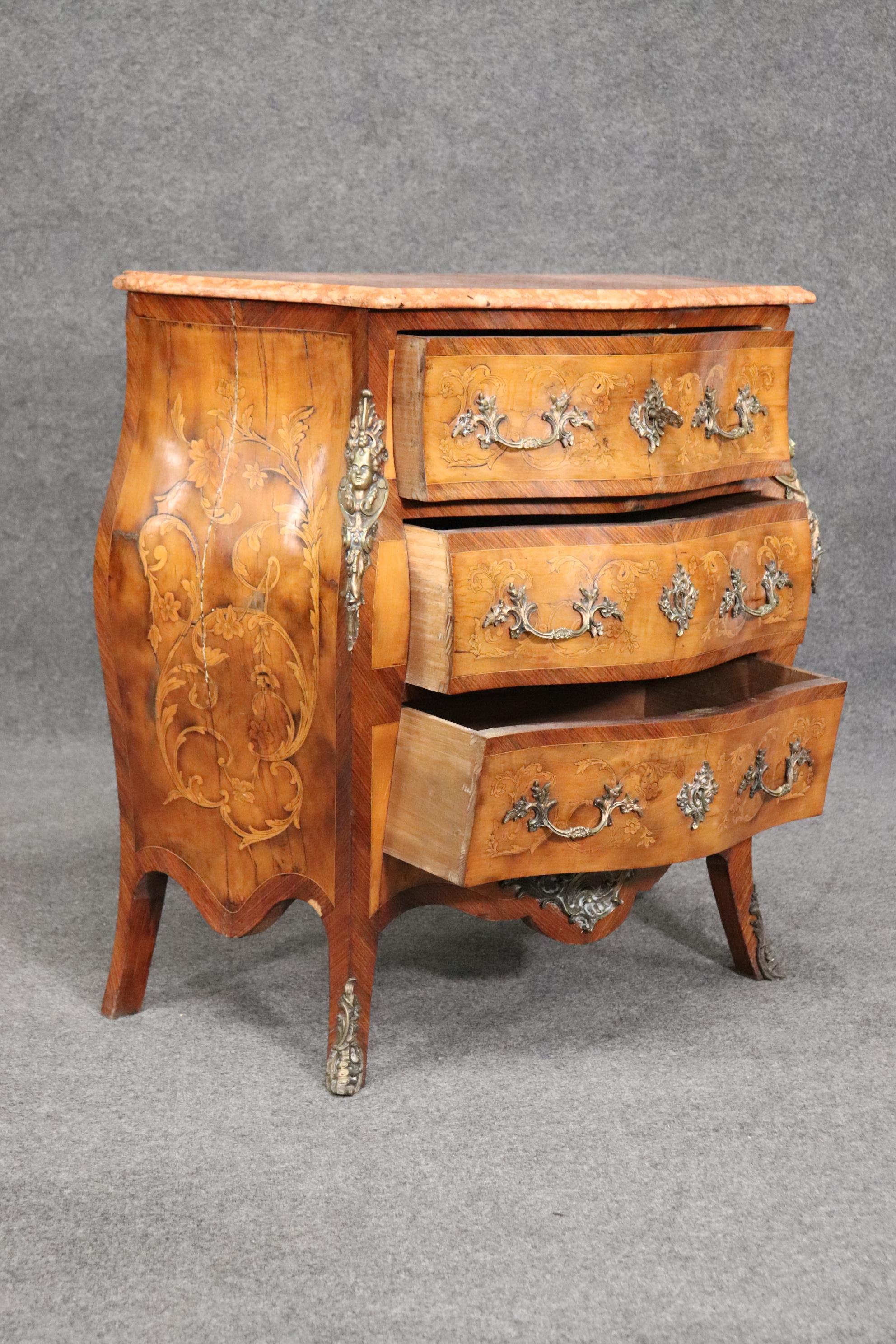 Inlaid Figural Bronze Mounted Burled Walnut French Louis XV Marble Top Commode For Sale 4