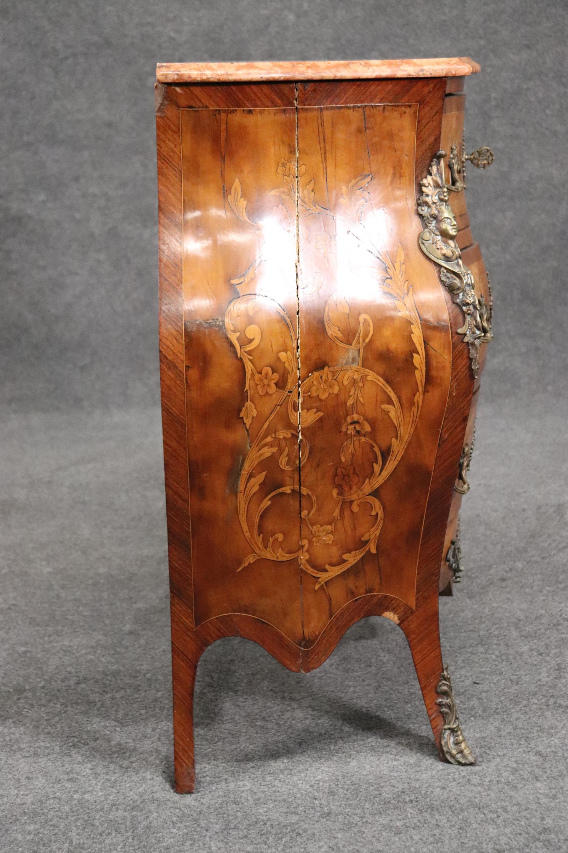 Inlaid Figural Bronze Mounted Burled Walnut French Louis XV Marble Top Commode For Sale 5