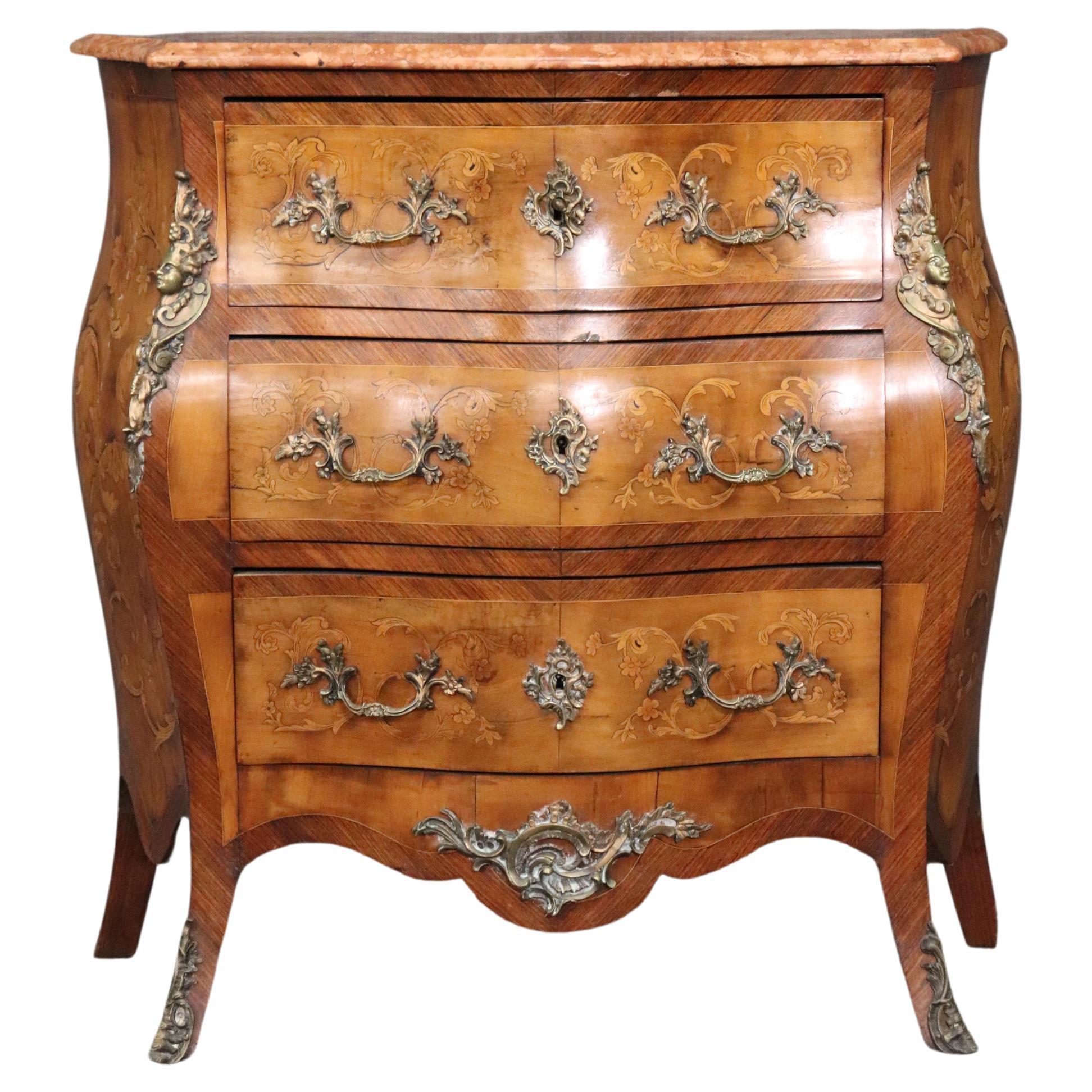 Inlaid Figural Bronze Mounted Burled Walnut French Louis XV Marble Top Commode For Sale