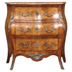 Inlaid Figural Bronze Mounted Burled Walnut French Louis XV Marble Top Commode