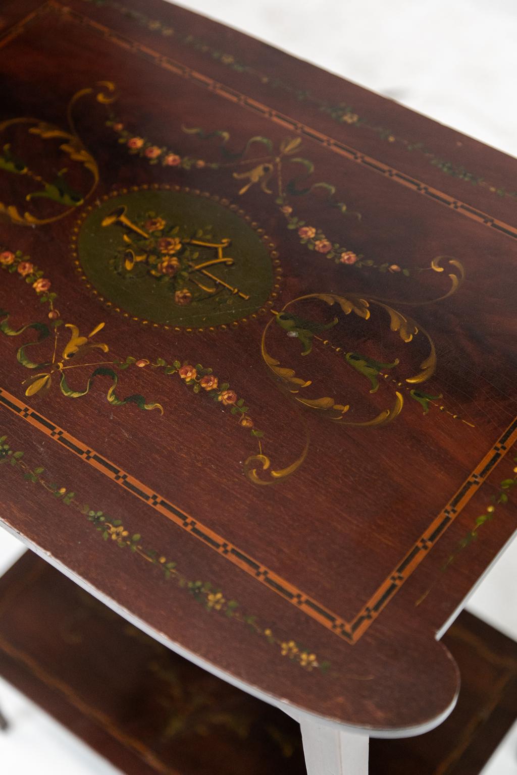 English Inlaid Floral Painted Mahogany Occasional Table For Sale