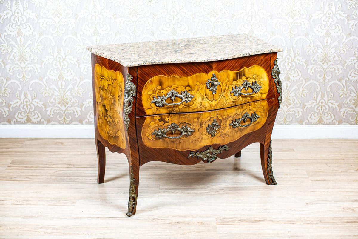 Wood Inlaid French Commode from the 18th-19th Century with Marble Top For Sale