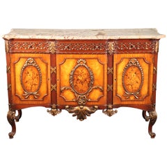 Inlaid French Satinwood Louis XV Style Marble-Top Commode with Fitted Drawers