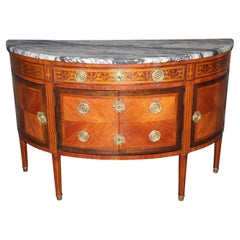 Inlaid French Walnut Marble Top French Louis XVI Demilune Commode Sideboard
