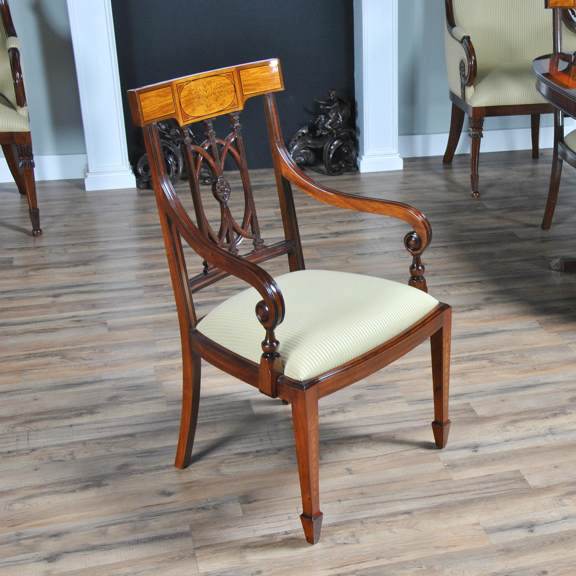 Hand-Carved Inlaid Hepplewhite Chairs, Set of 10 For Sale