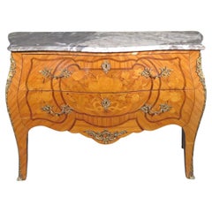 Inlaid Kingwood Louis XV Style Marble Top French Bronze Mounted Commode