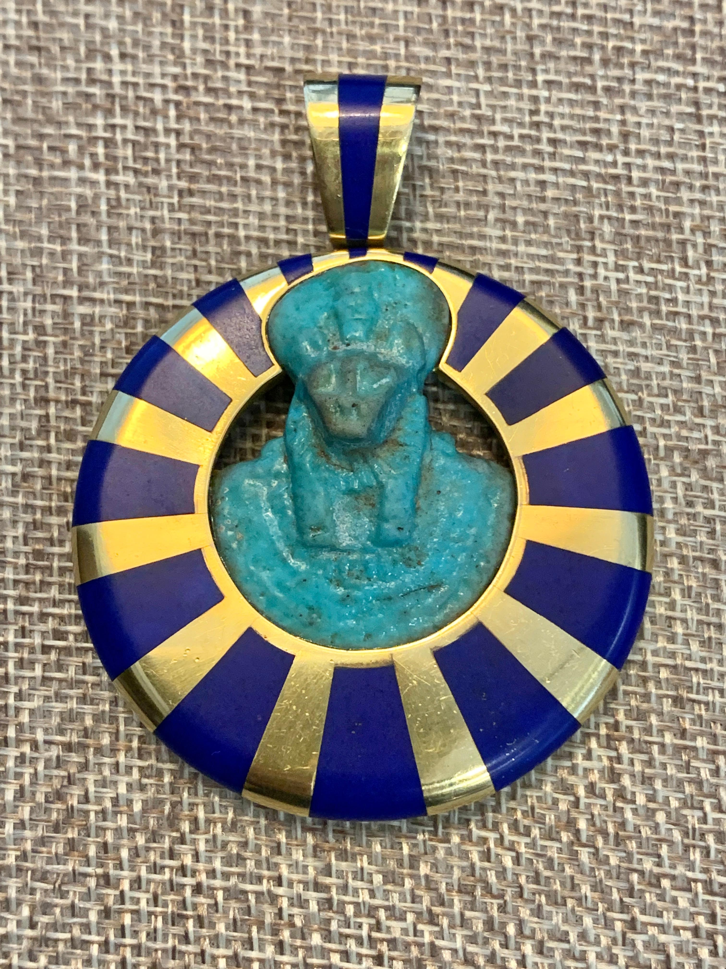 Inlaid Lapis Gold Egyptian Faience Pendant In Excellent Condition In San Antonio, TX