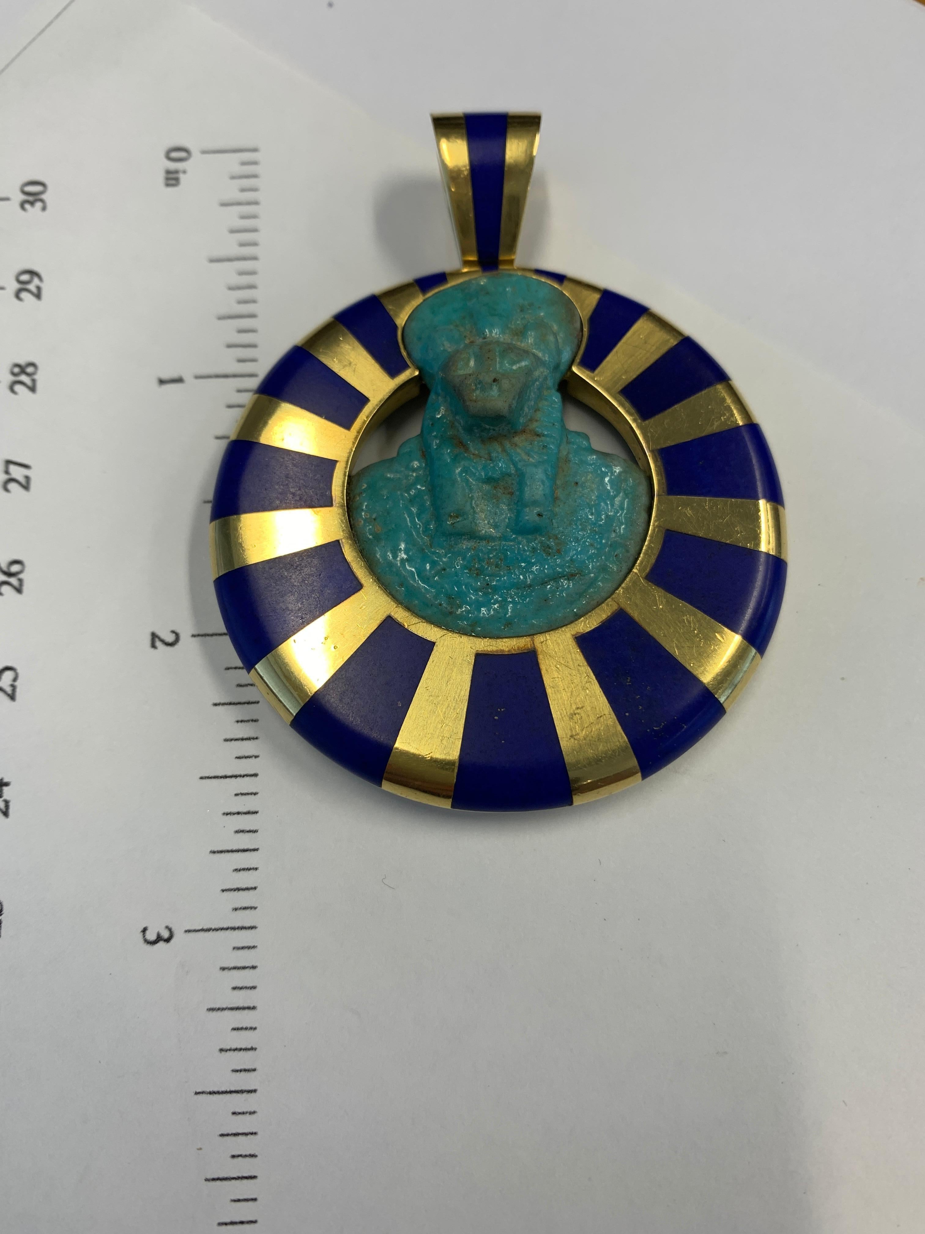 Women's or Men's Inlaid Lapis Gold Egyptian Faience Pendant