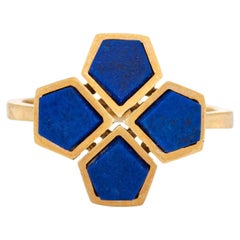 Inlaid Lapis Lazuli Ring Four Leaf Clover Vintage 18k Gold 6 Good Luck Jewelry