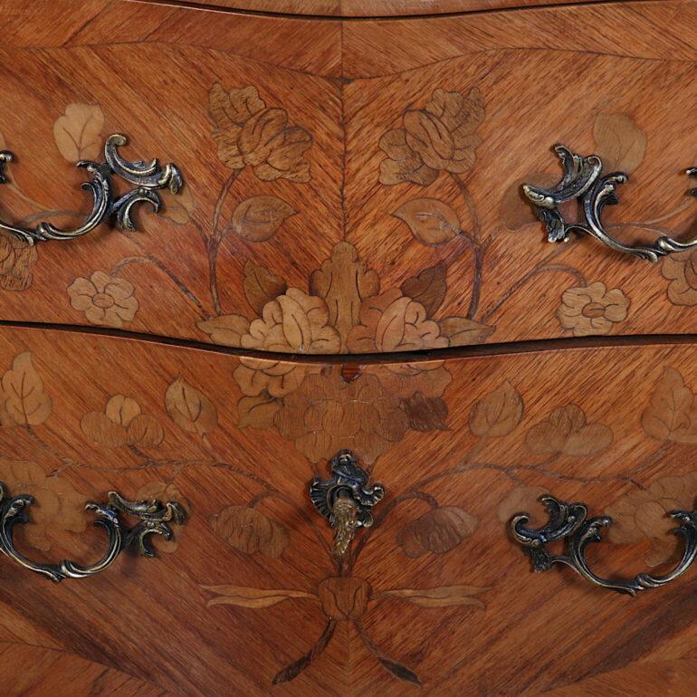 French Inlaid Louis XV Style Marble-Top Commode