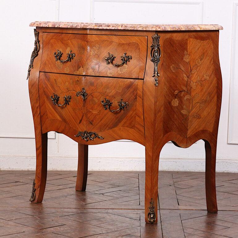 Early 20th Century Inlaid Louis XV Style Marble-Top Commode