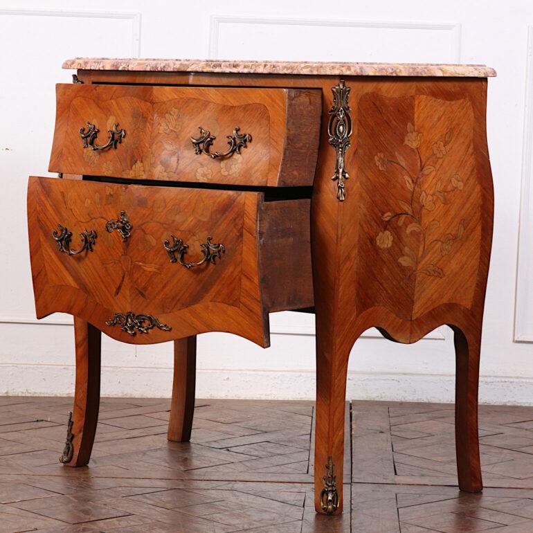 Brass Inlaid Louis XV Style Marble-Top Commode