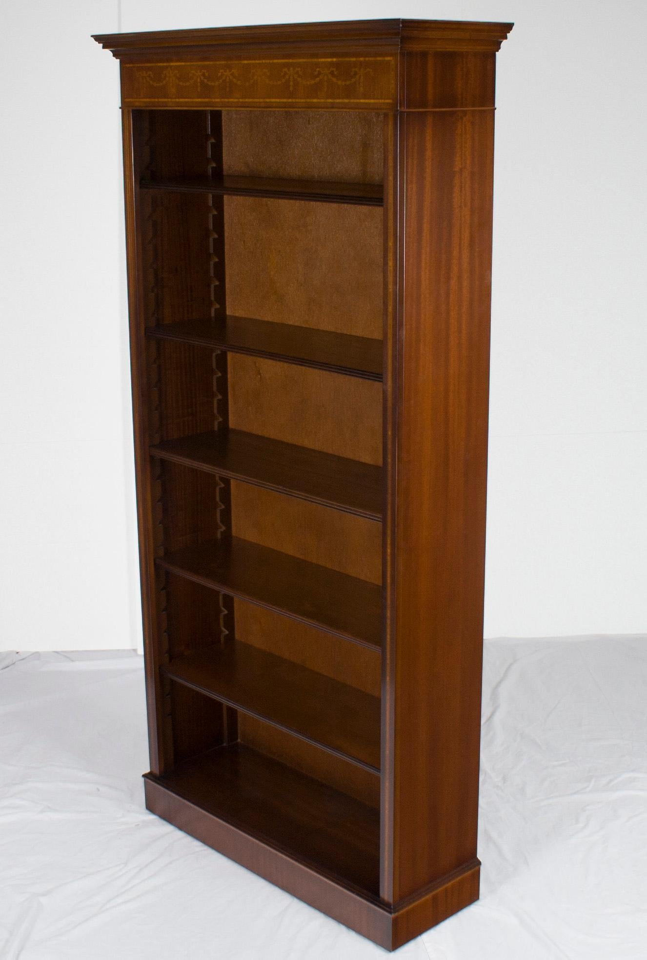 Late 20th Century Inlaid Mahogany Adjustable Open Bookcase Bookshelf For Sale