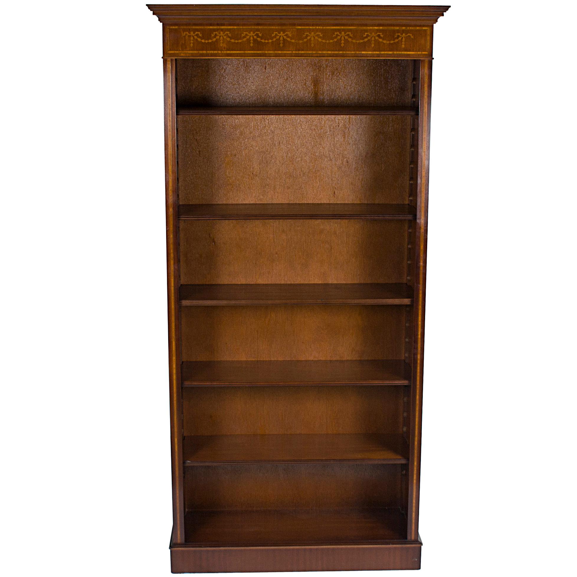Inlaid Mahogany Adjustable Open Bookcase Bookshelf For Sale
