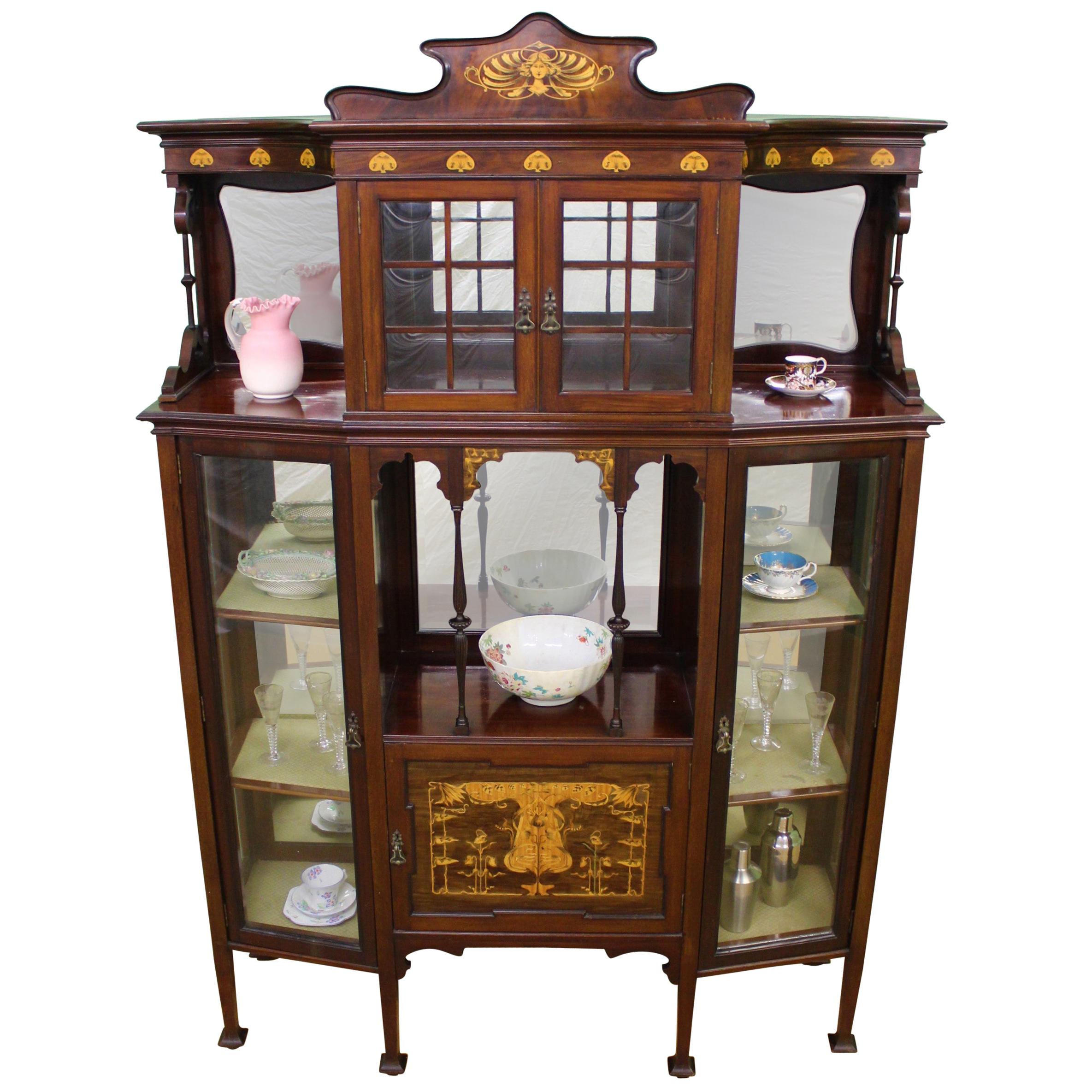 Inlaid Mahogany Art Nouveau Display Cabinet For Sale