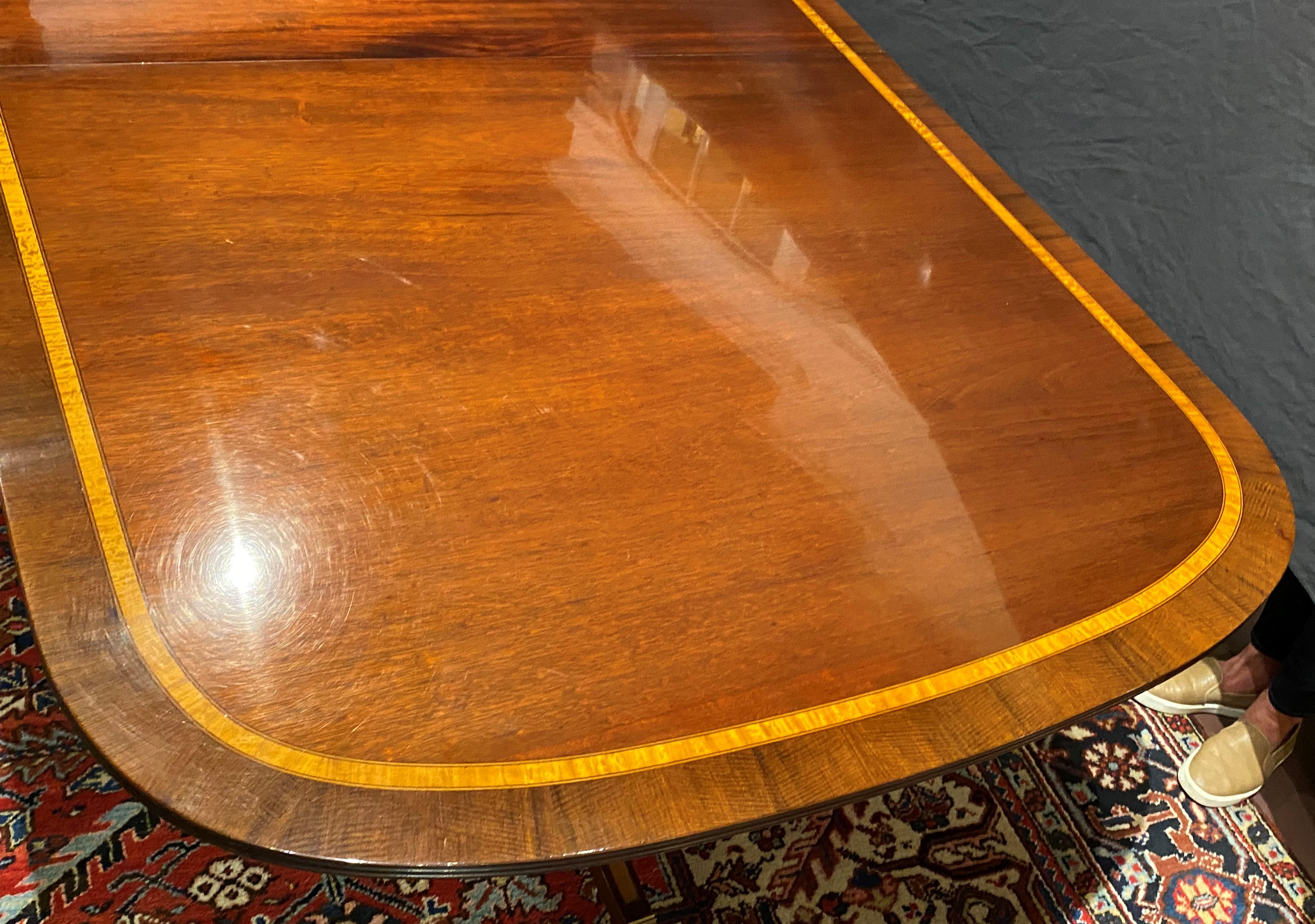 American Inlaid Mahogany Banded Double Pedestal Dining Table with Two Leaves