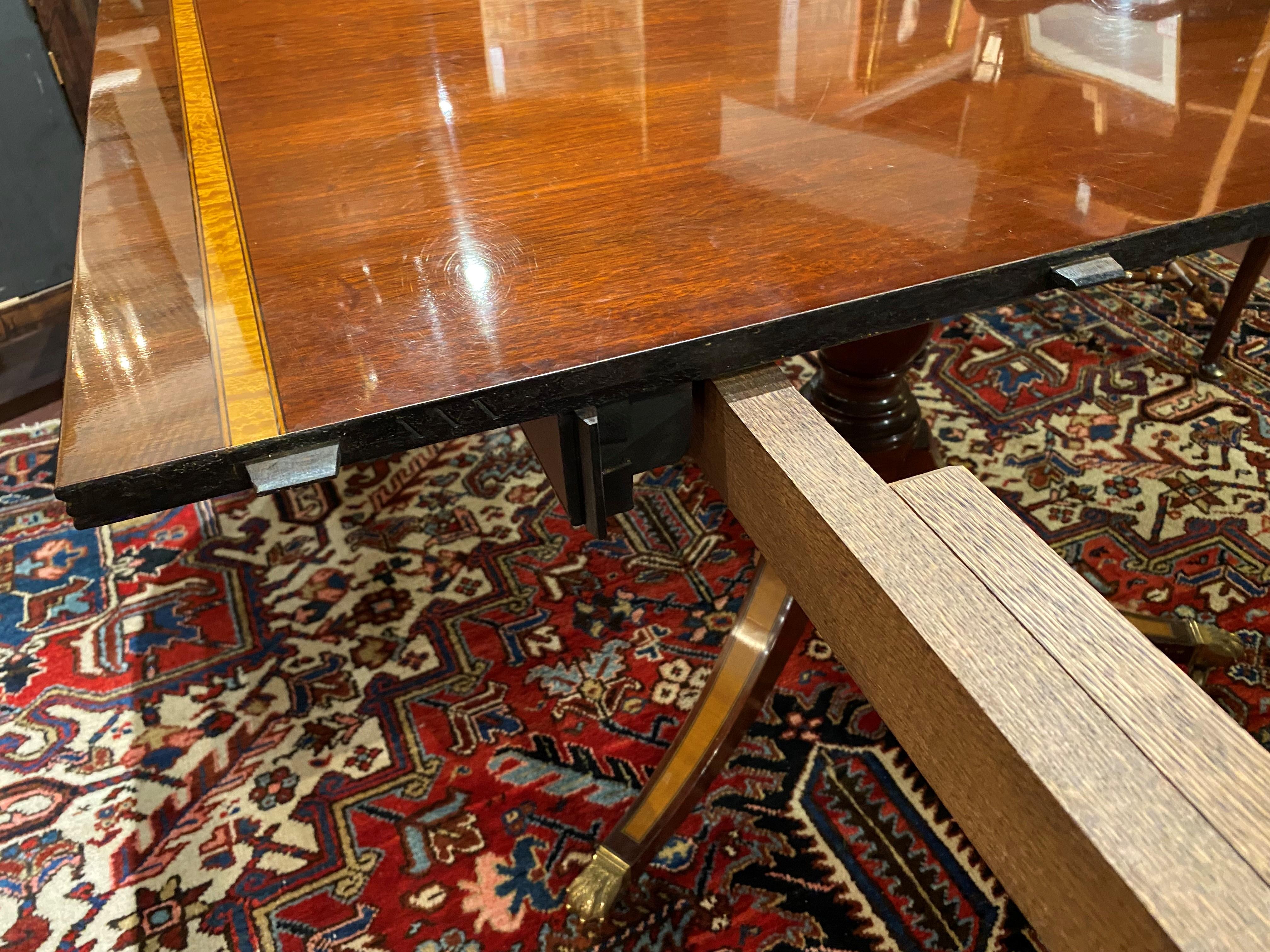 20th Century Inlaid Mahogany Banded Double Pedestal Dining Table with Two Leaves