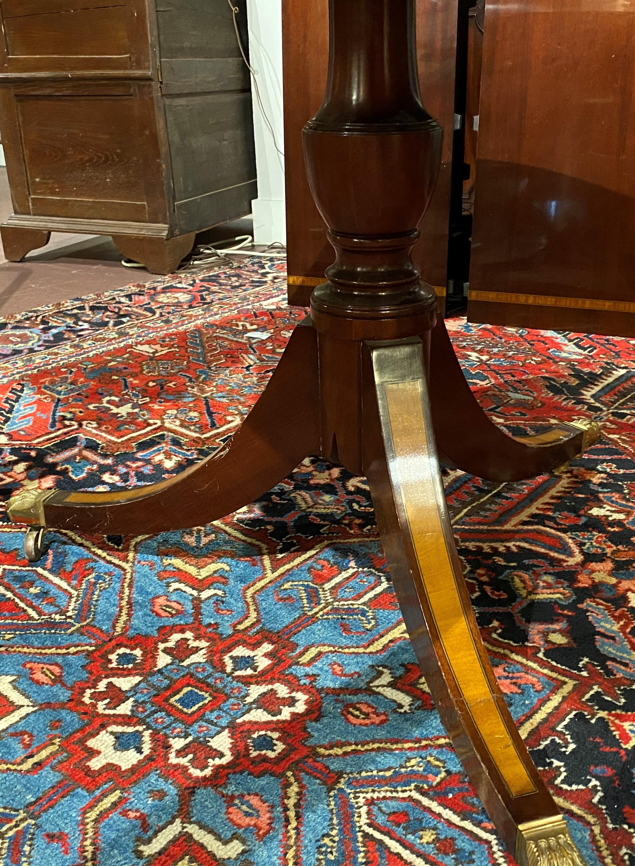 Brass Inlaid Mahogany Banded Double Pedestal Dining Table with Two Leaves