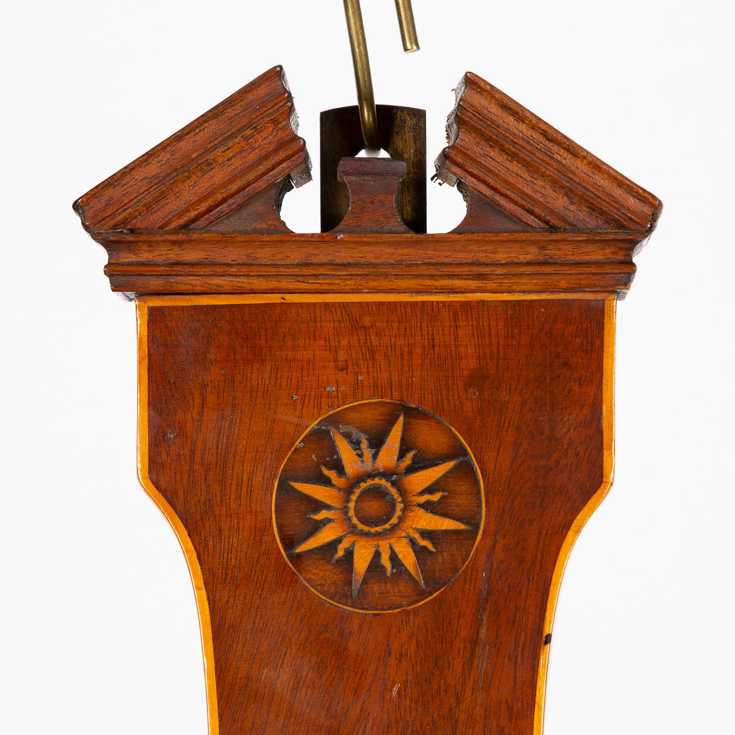 English Inlaid Mahogany Barometer, with Silvered Dial, Signed Vecchio & Co For Sale