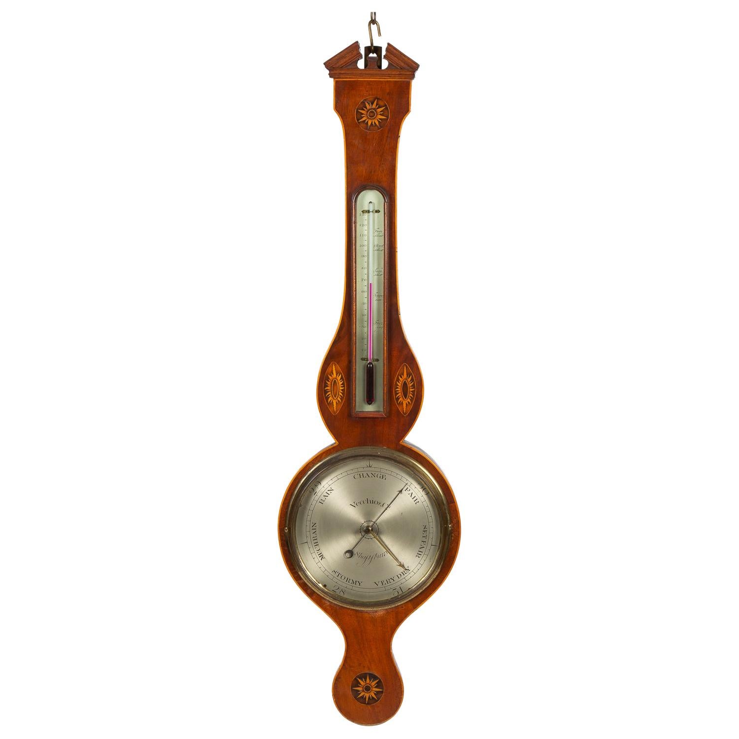 Inlaid Mahogany Barometer, with Silvered Dial, Signed Vecchio & Co For Sale