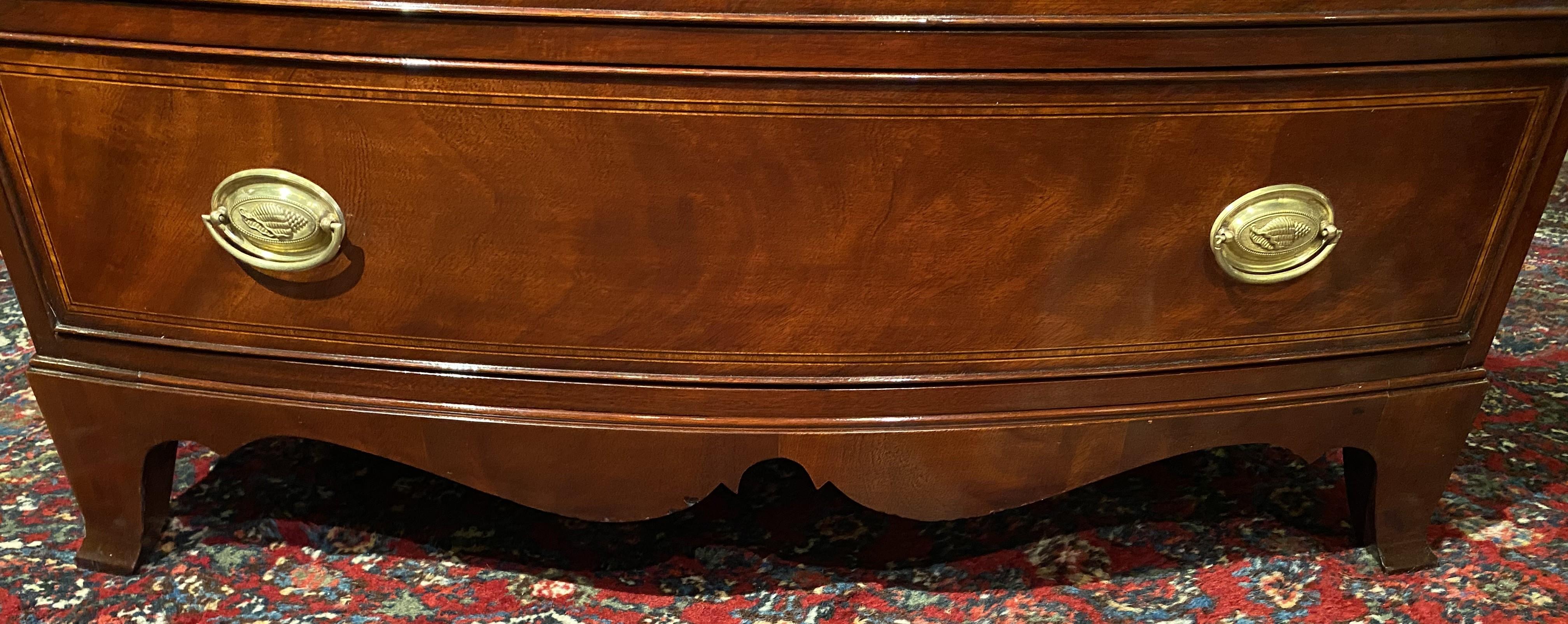 Inlaid Mahogany Bow Front Tall Chest of Drawers with Oval Brass Shell Pulls 3