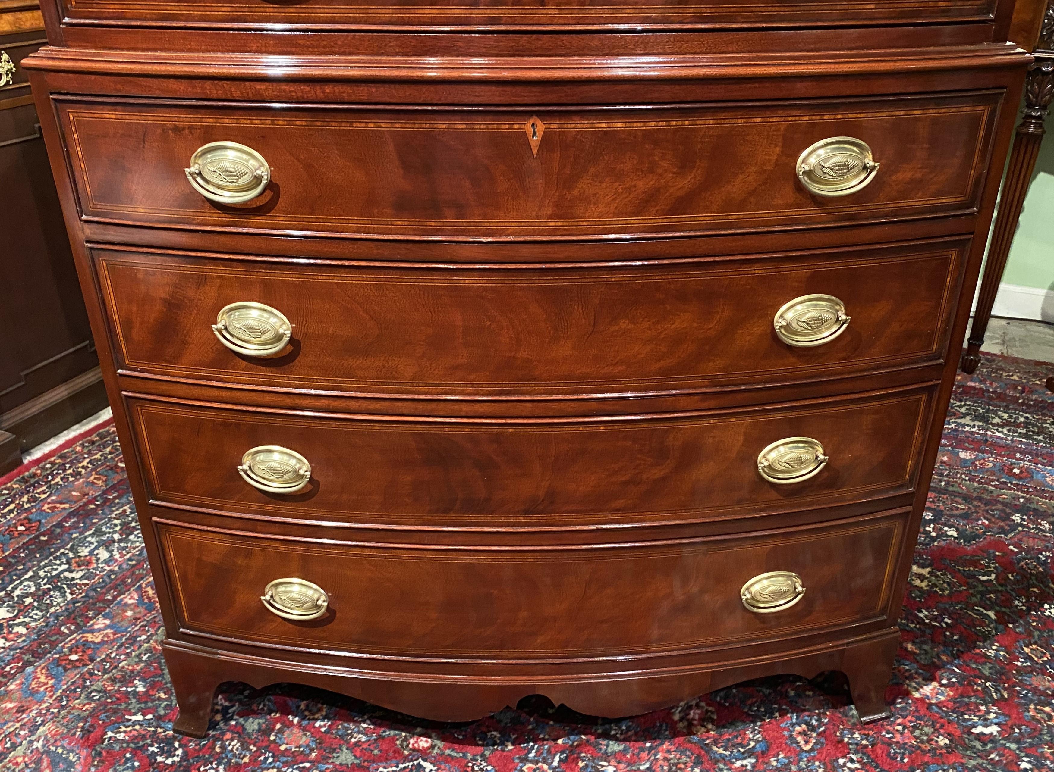 Federal Inlaid Mahogany Bow Front Tall Chest of Drawers with Oval Brass Shell Pulls