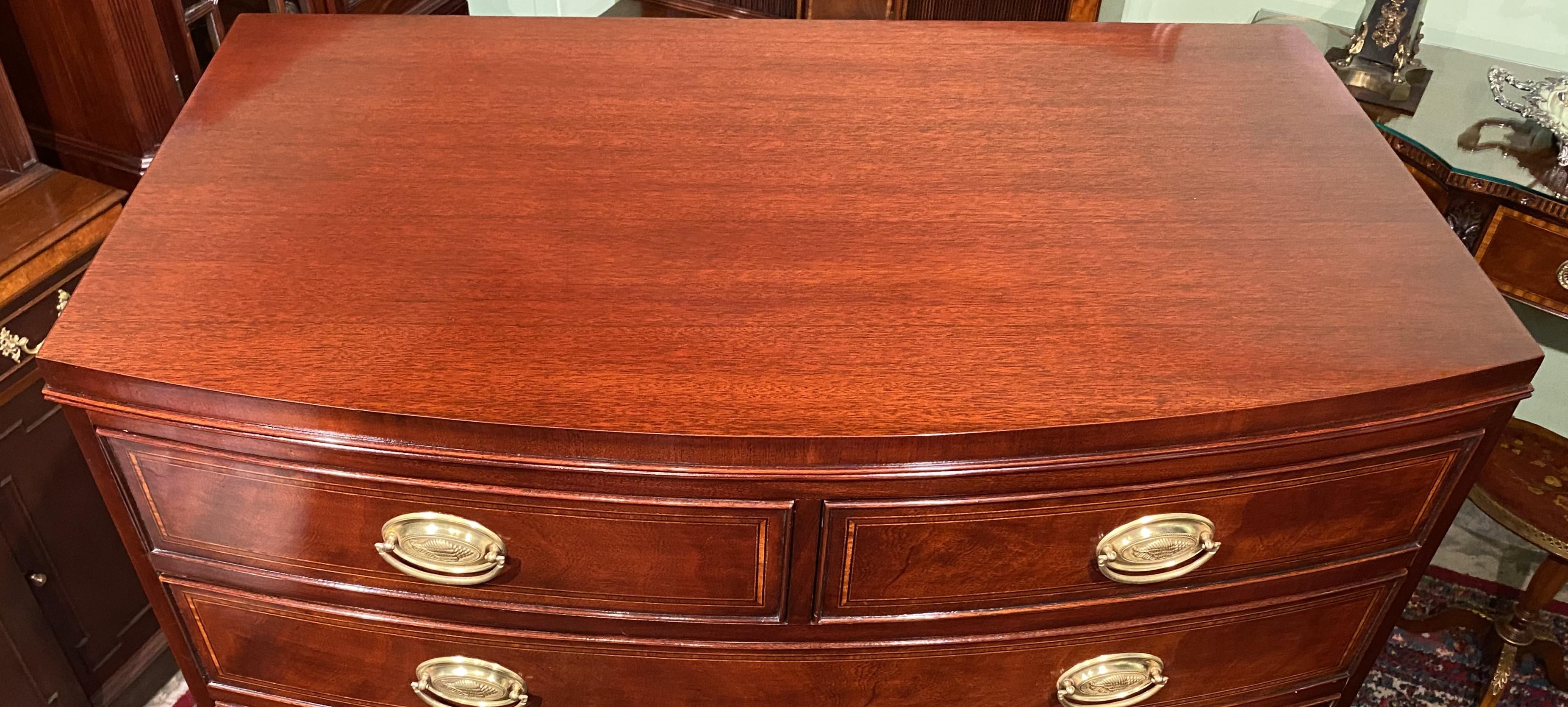 American Inlaid Mahogany Bow Front Tall Chest of Drawers with Oval Brass Shell Pulls