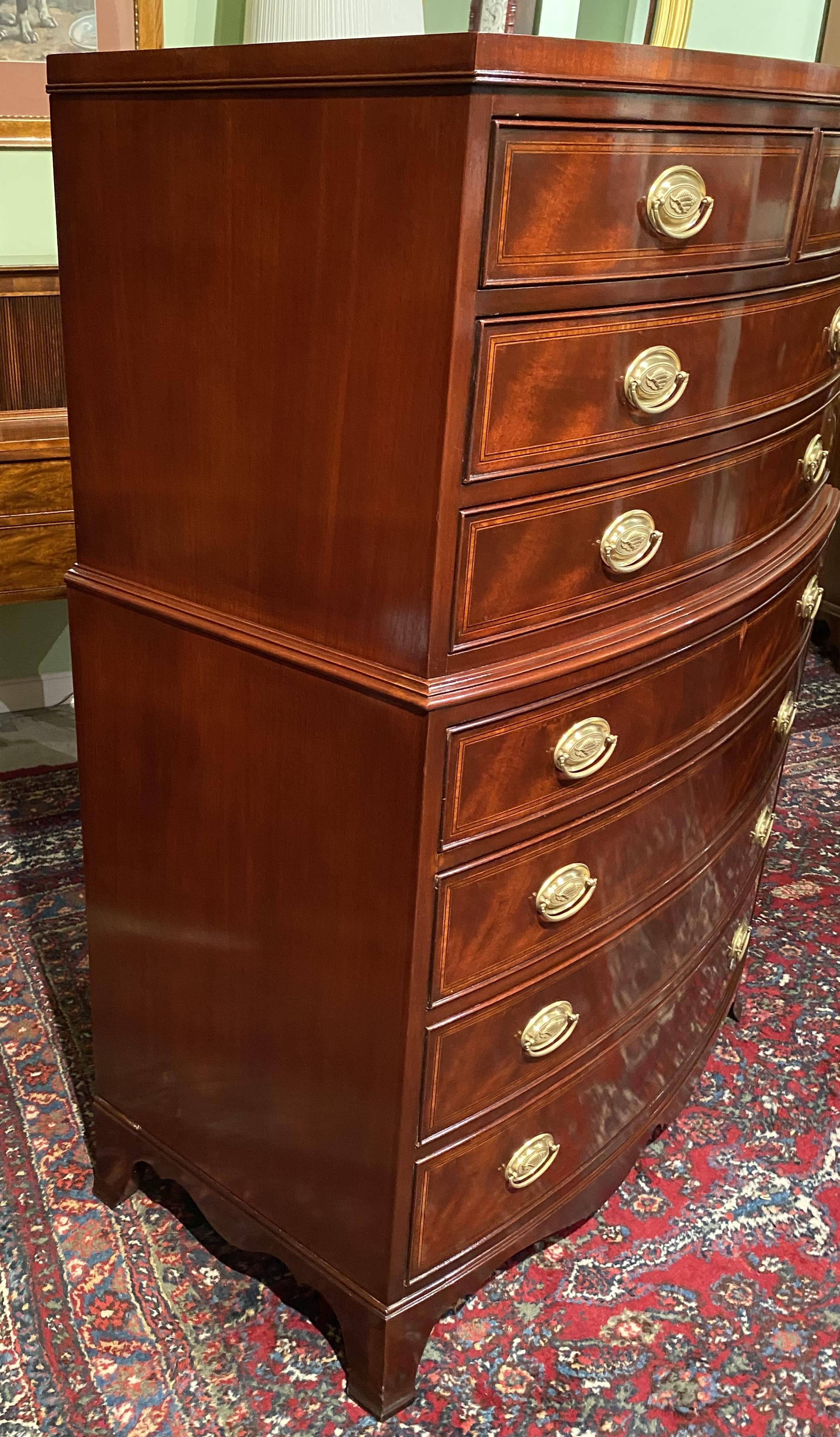 Hand-Carved Inlaid Mahogany Bow Front Tall Chest of Drawers with Oval Brass Shell Pulls