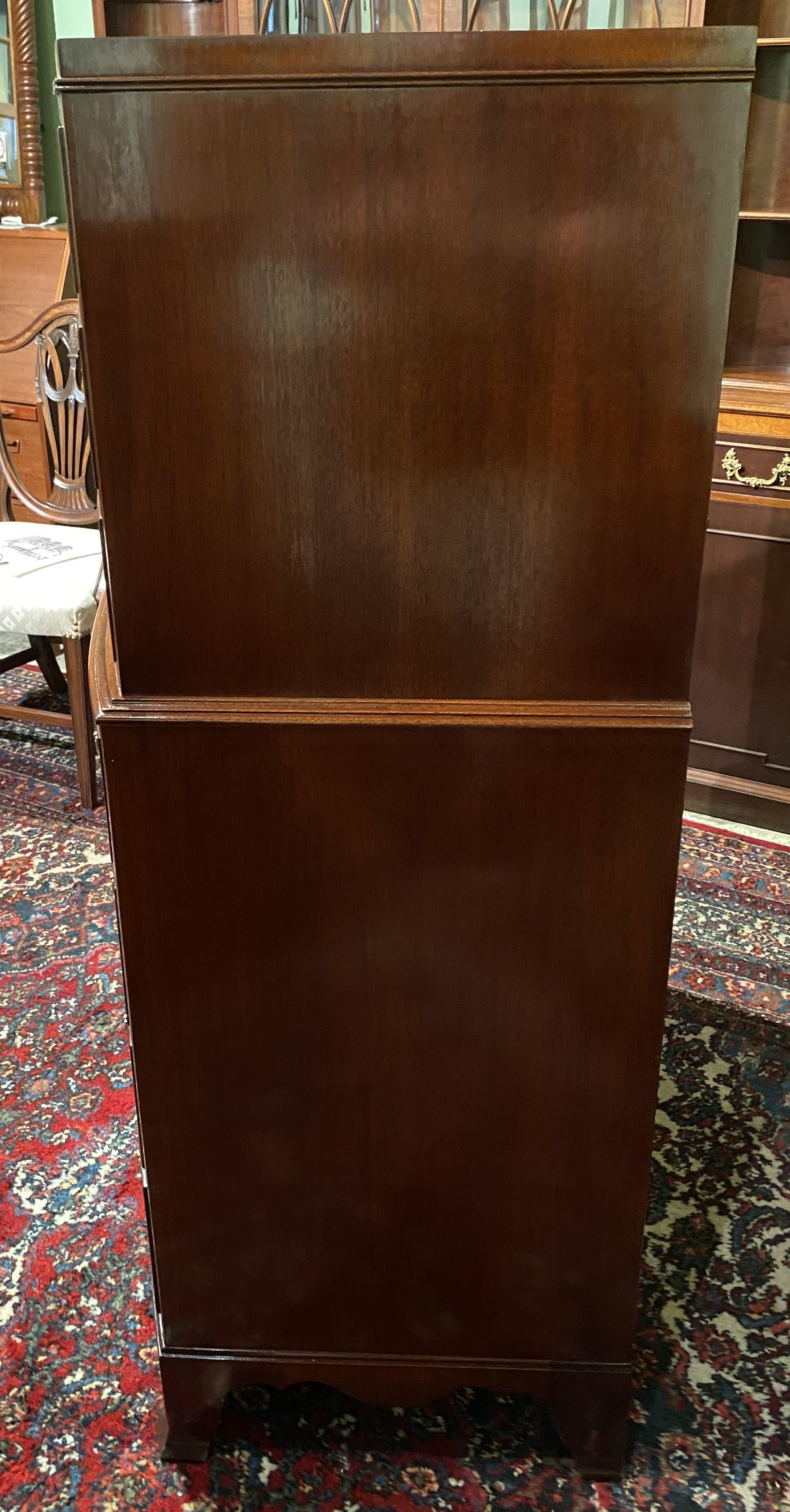 Inlaid Mahogany Bow Front Tall Chest of Drawers with Oval Brass Shell Pulls In Good Condition In Milford, NH