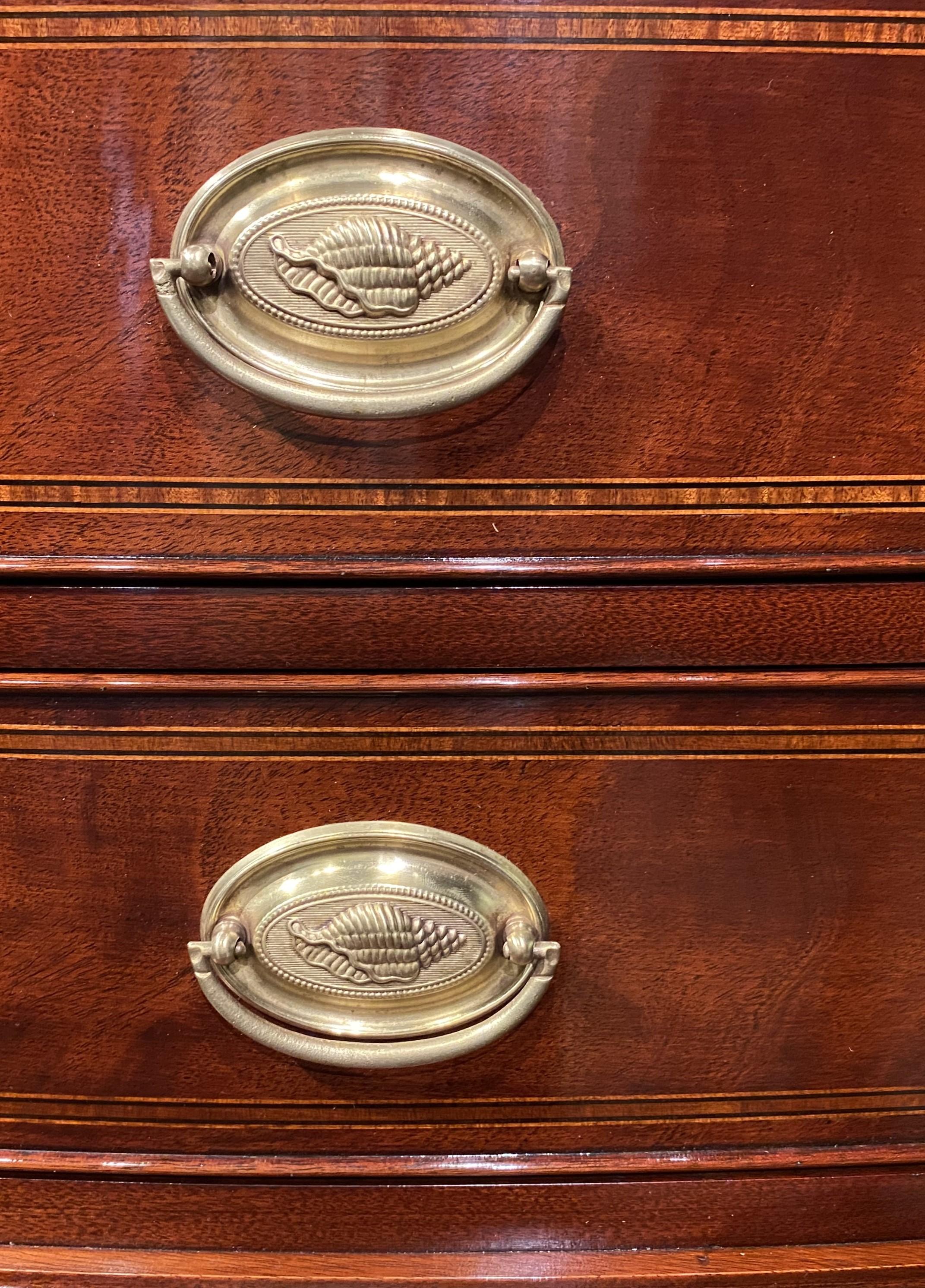 20th Century Inlaid Mahogany Bow Front Tall Chest of Drawers with Oval Brass Shell Pulls