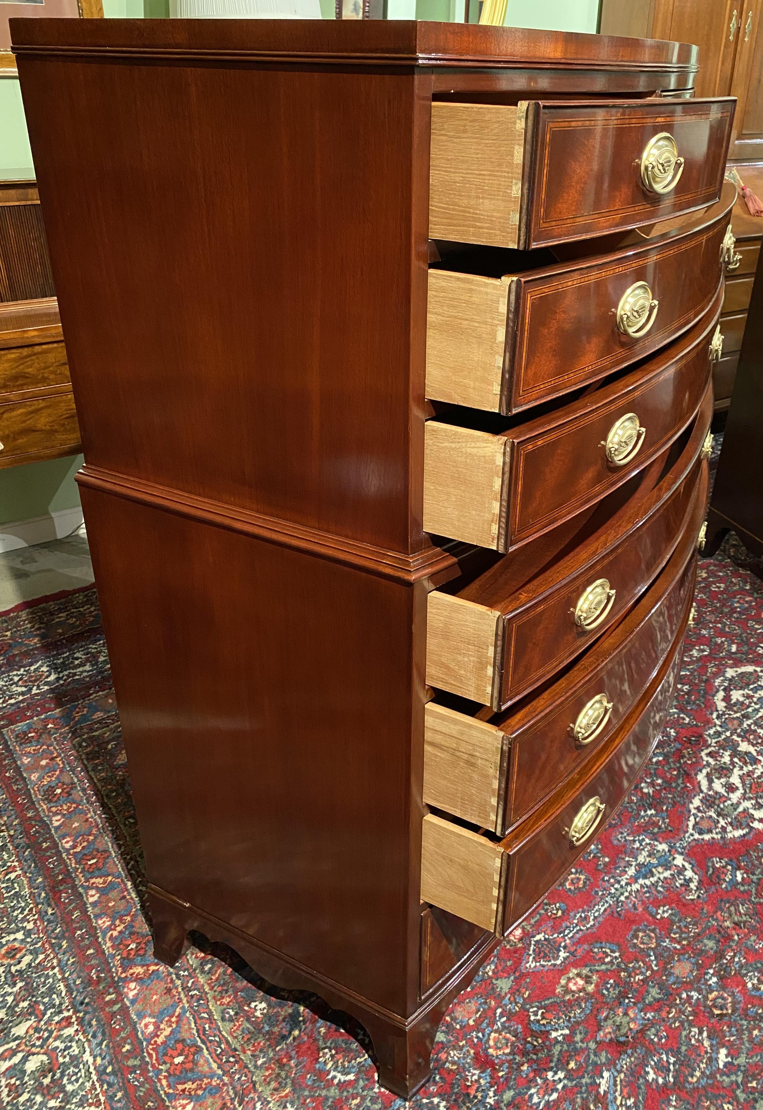 Inlaid Mahogany Bow Front Tall Chest of Drawers with Oval Brass Shell Pulls 1
