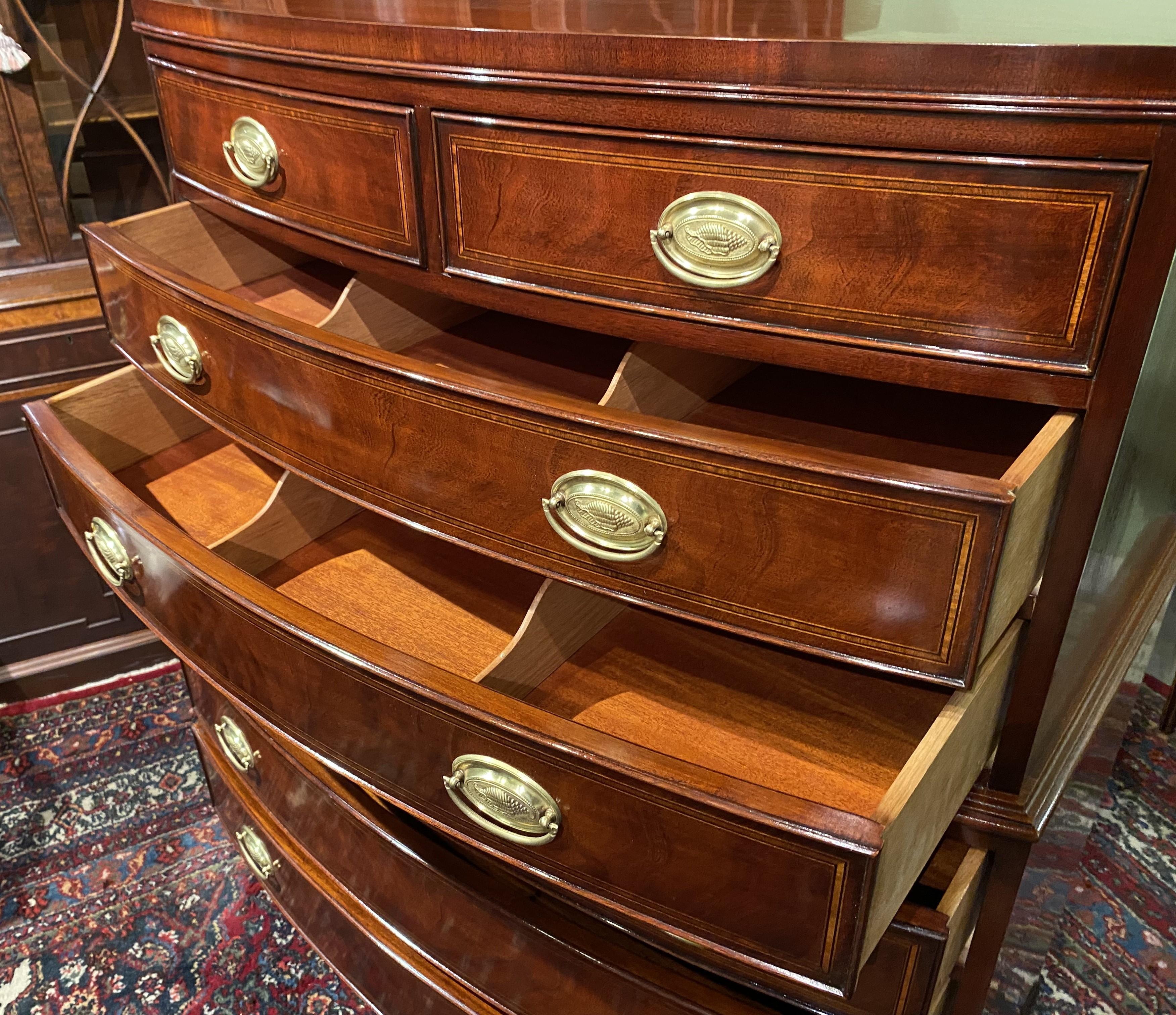 Inlaid Mahogany Bow Front Tall Chest of Drawers with Oval Brass Shell Pulls 2