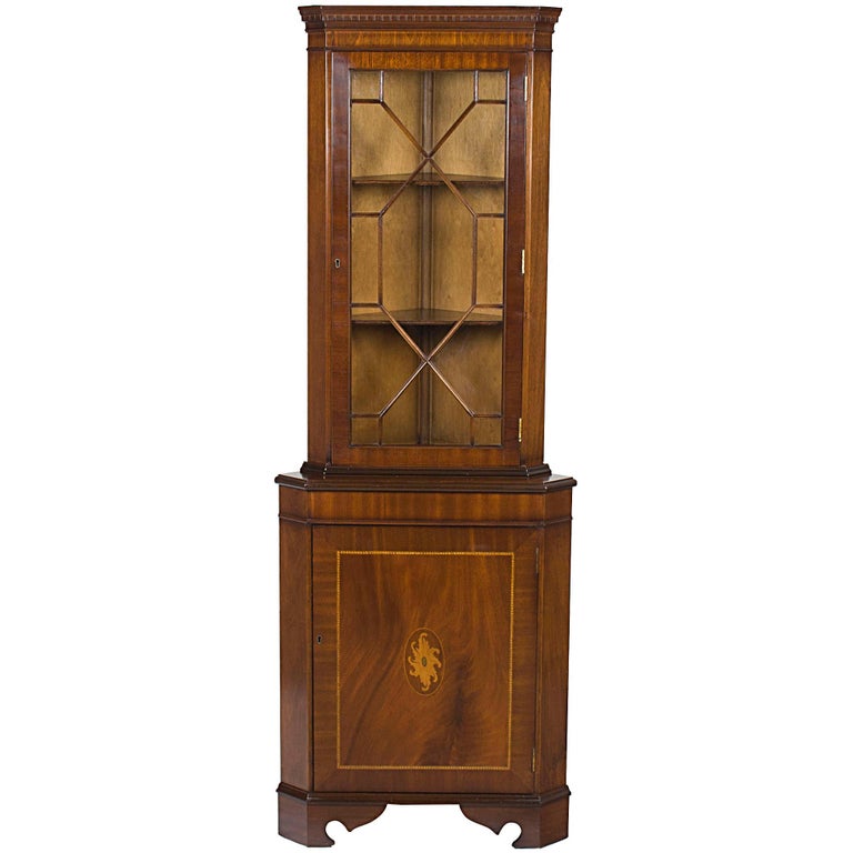 Inlaid Mahogany Narrow Corner Cupboard at 1stDibs